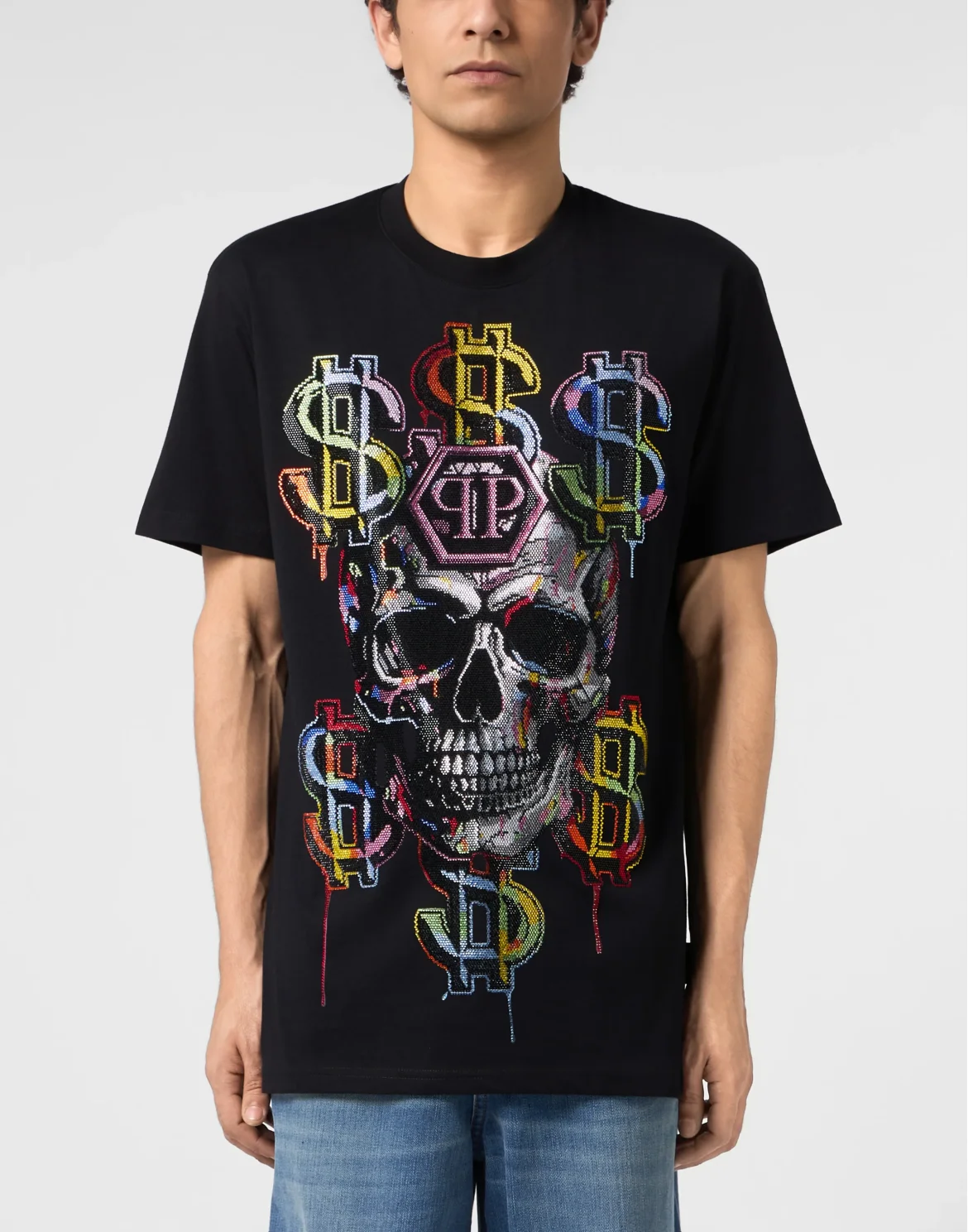 Round Neck T-Shirt Dollar Skull Stones, цвет: Черный