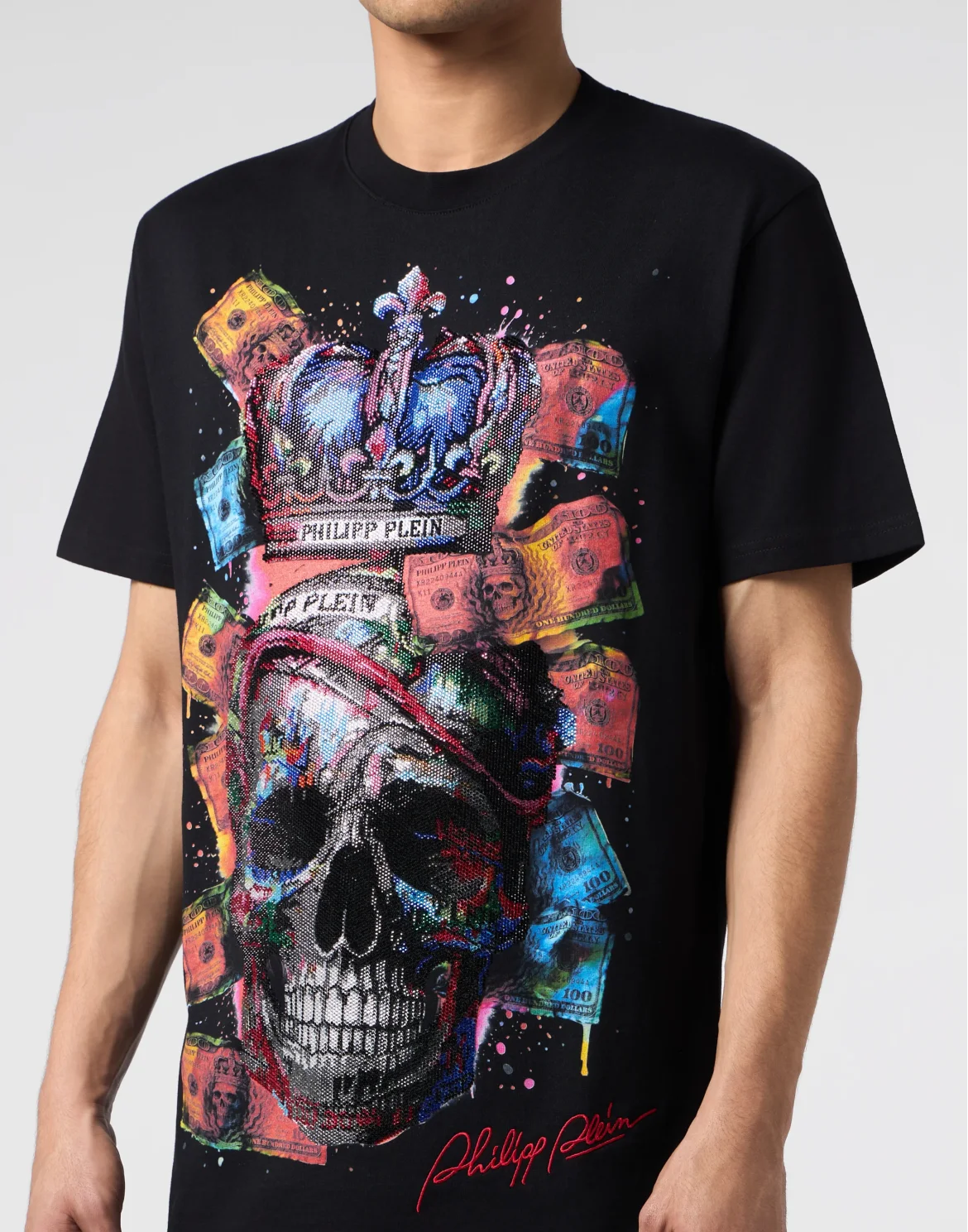 Round Neck T-Shirt Multicolor Dollar Skull, цвет: Черный