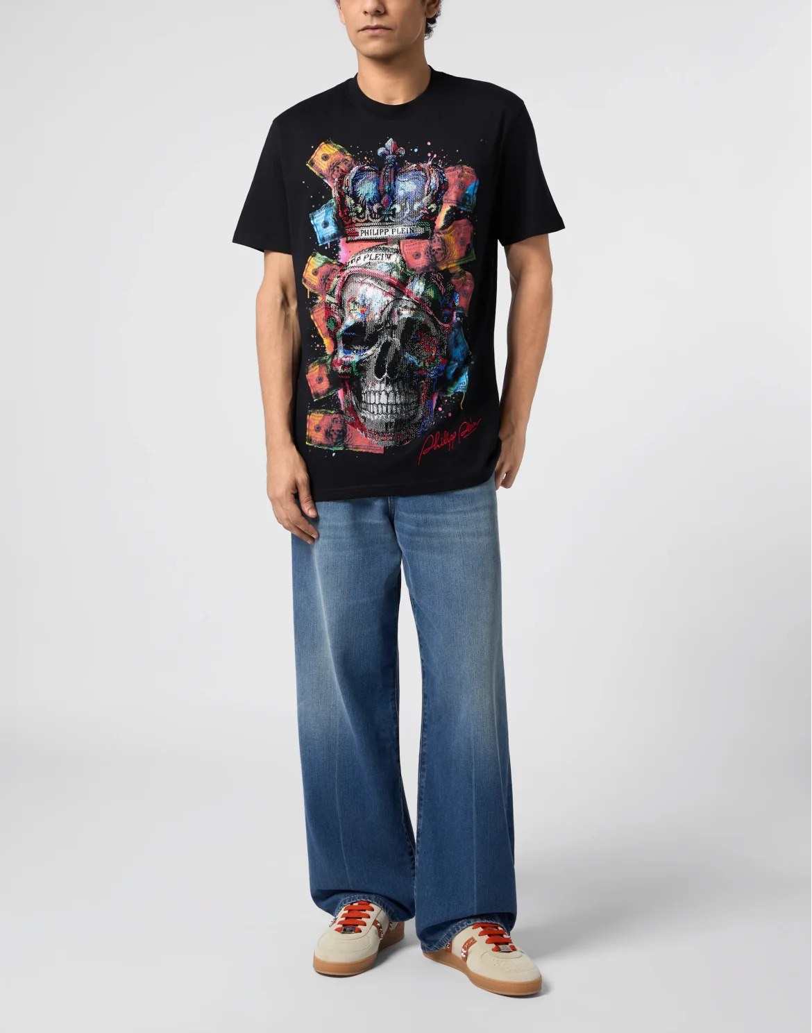 Round Neck T-Shirt Multicolor Dollar Skull, цвет: Черный