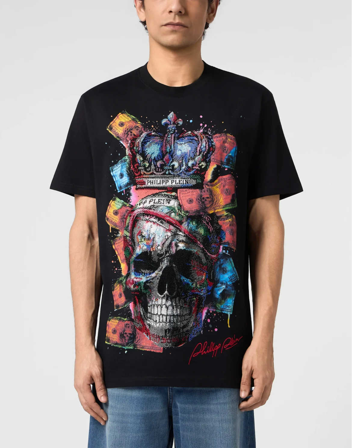 Round Neck T-Shirt Multicolor Dollar Skull, цвет: Черный