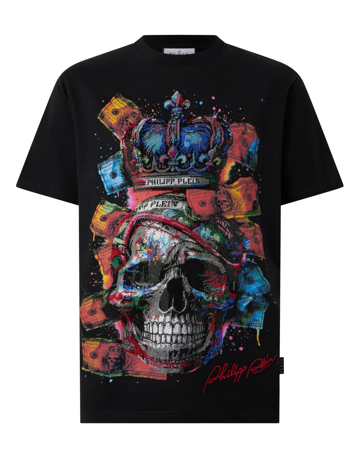 Round Neck T-Shirt Multicolor Dollar Skull, цвет: Черный
