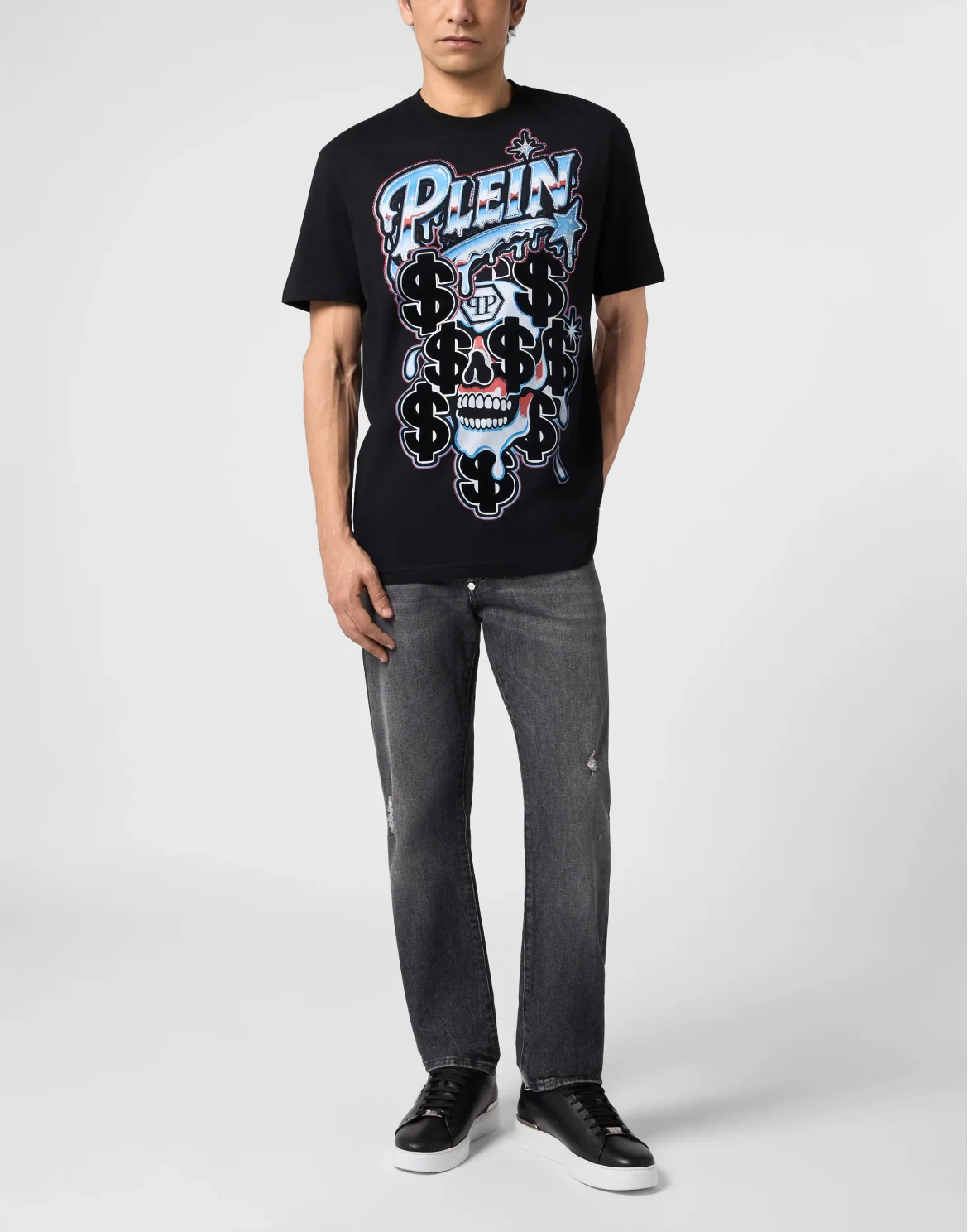 Round Neck T-Shirt Dollar Dripping Skull, цвет: Черный