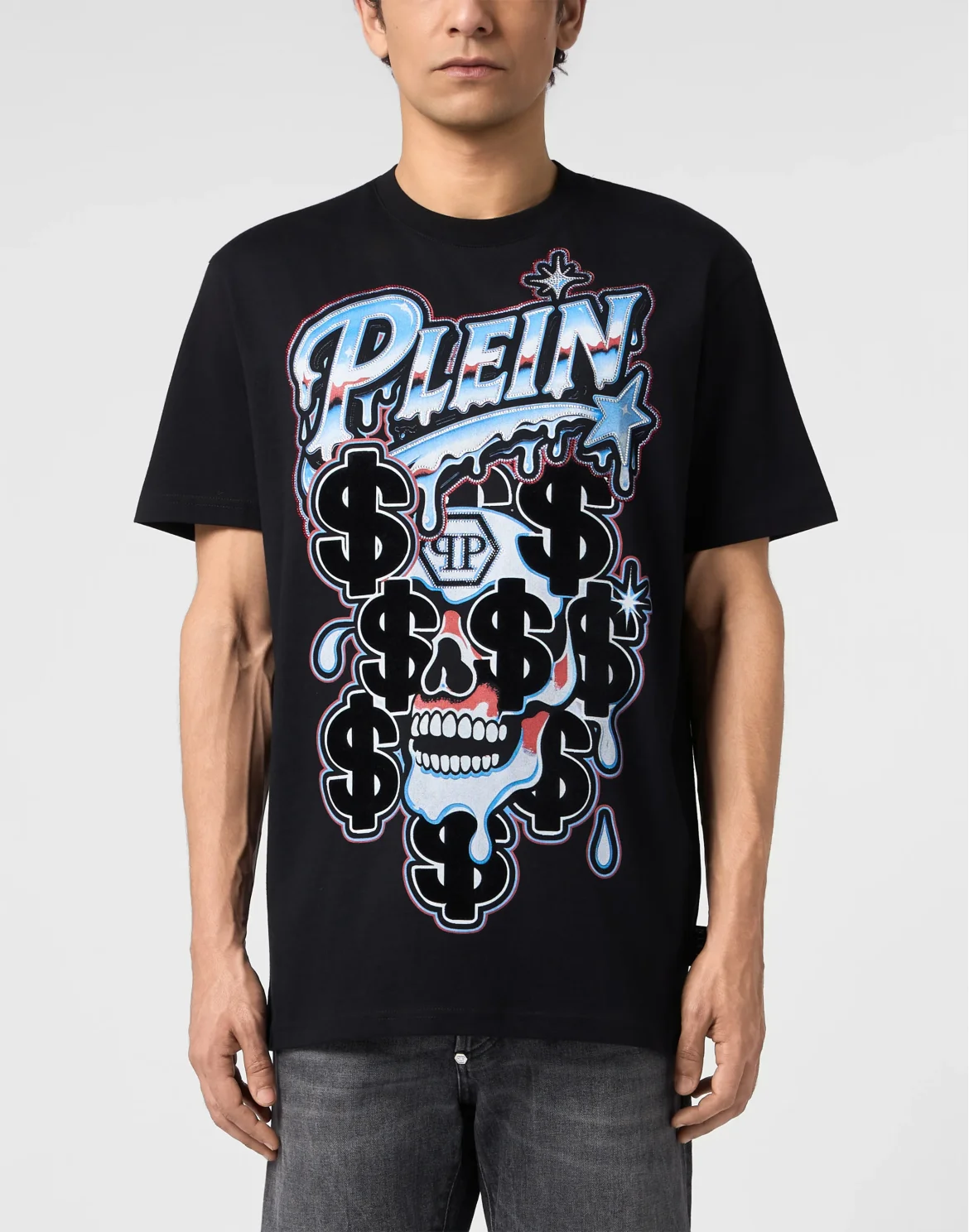 Round Neck T-Shirt Dollar Dripping Skull, цвет: Черный