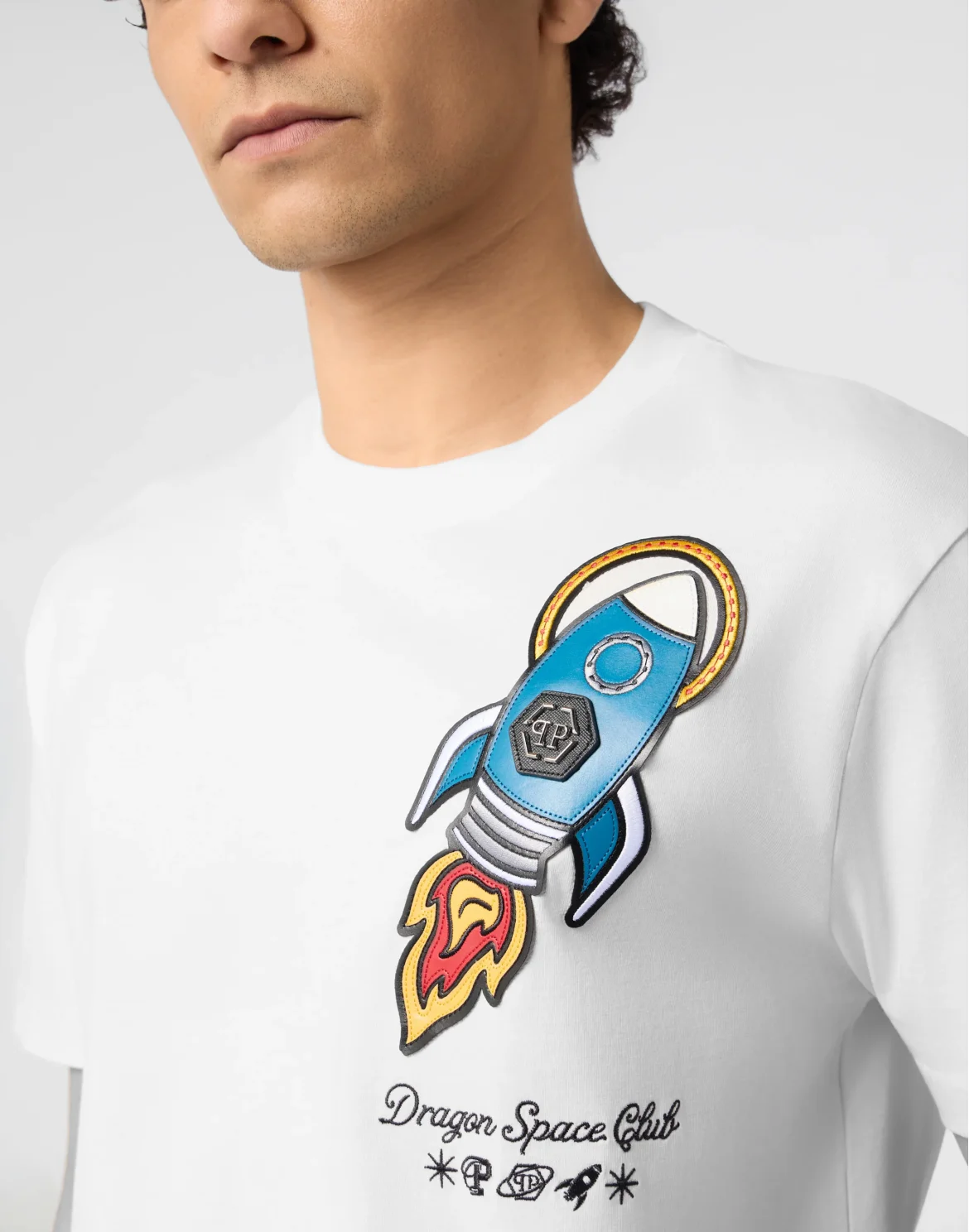 Round Neck T-Shirt Space Rocket Patch, цвет: Бежевый