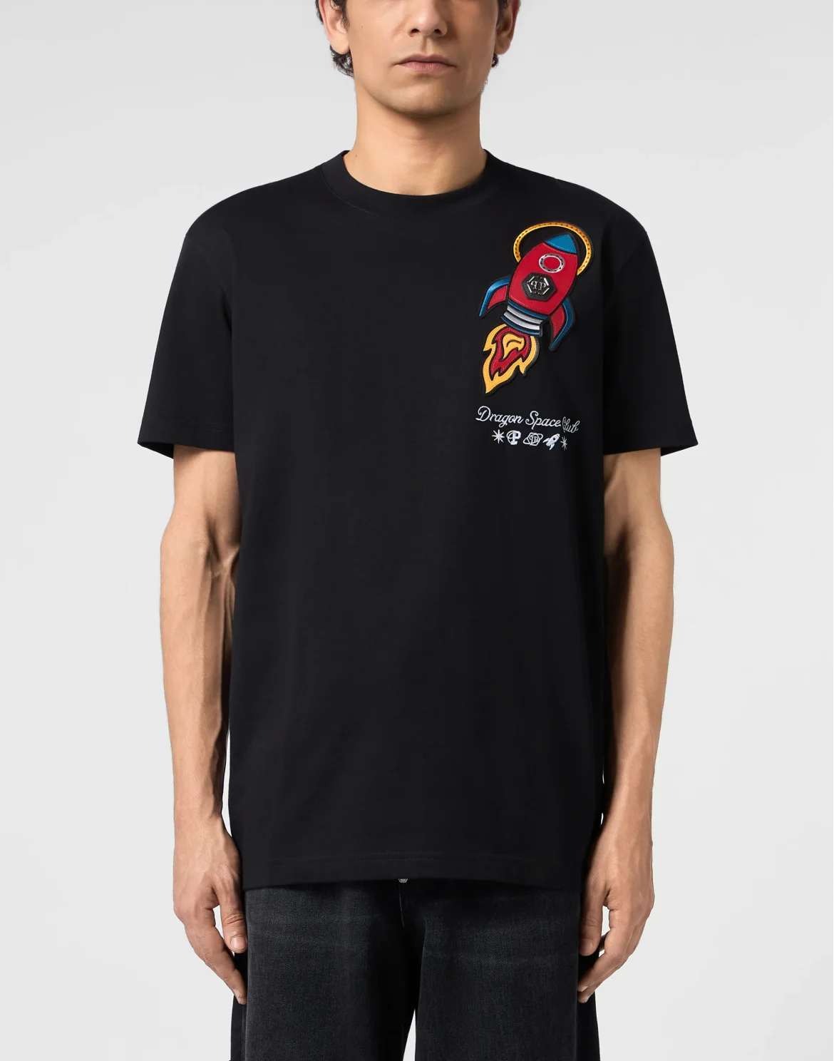 Round Neck T-Shirt Space Rocket Patch, цвет: Черный