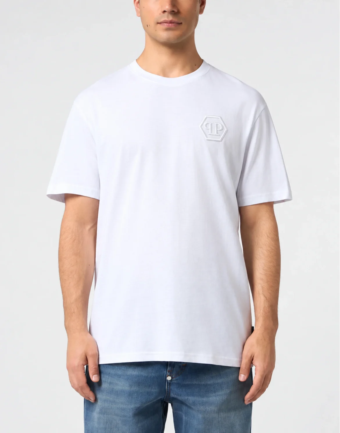 Round Neck T-Shirt Embroidery Hexagon, цвет: Белый