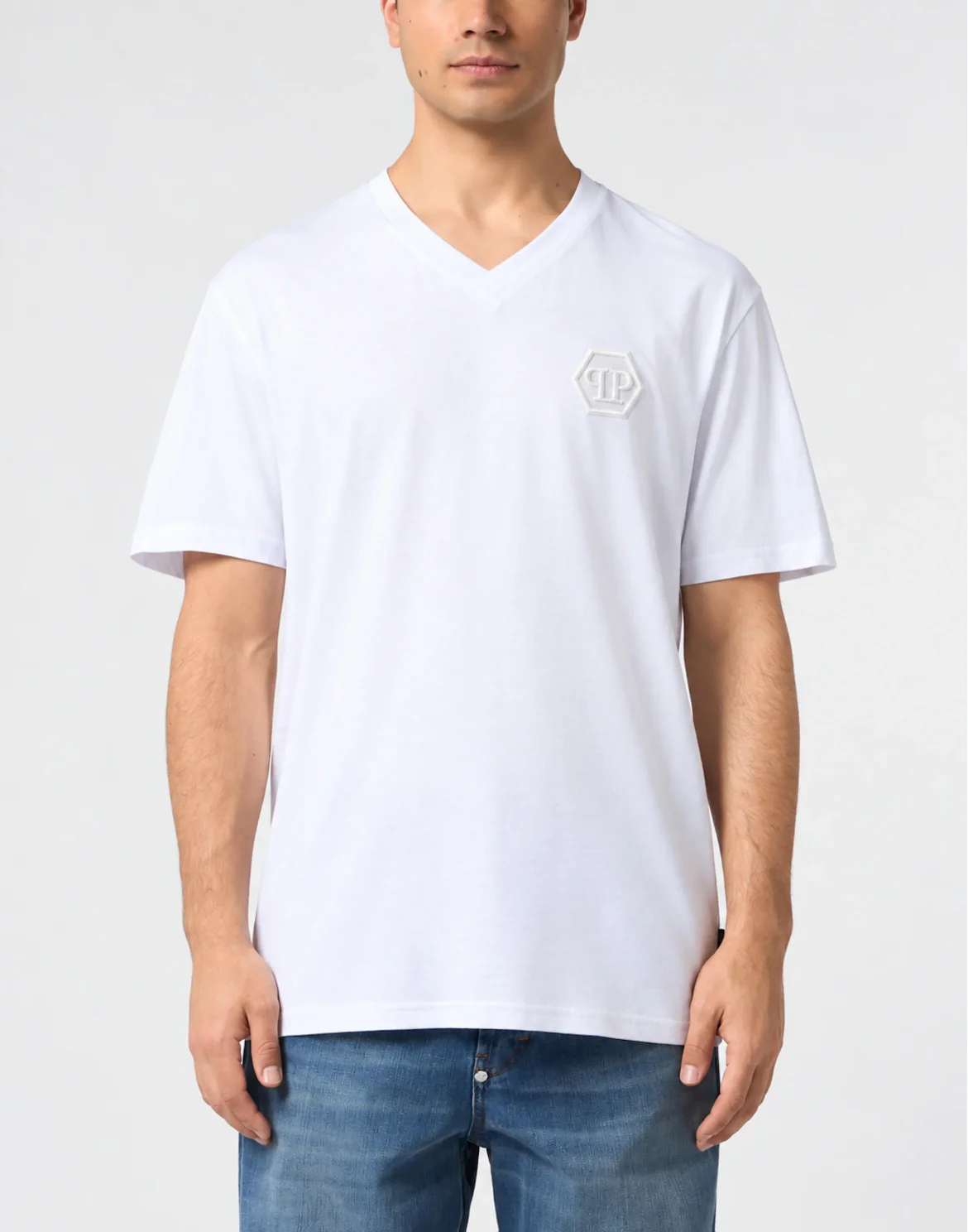 V-Neck T-Shirt Embroidery Hexagon, цвет: Белый