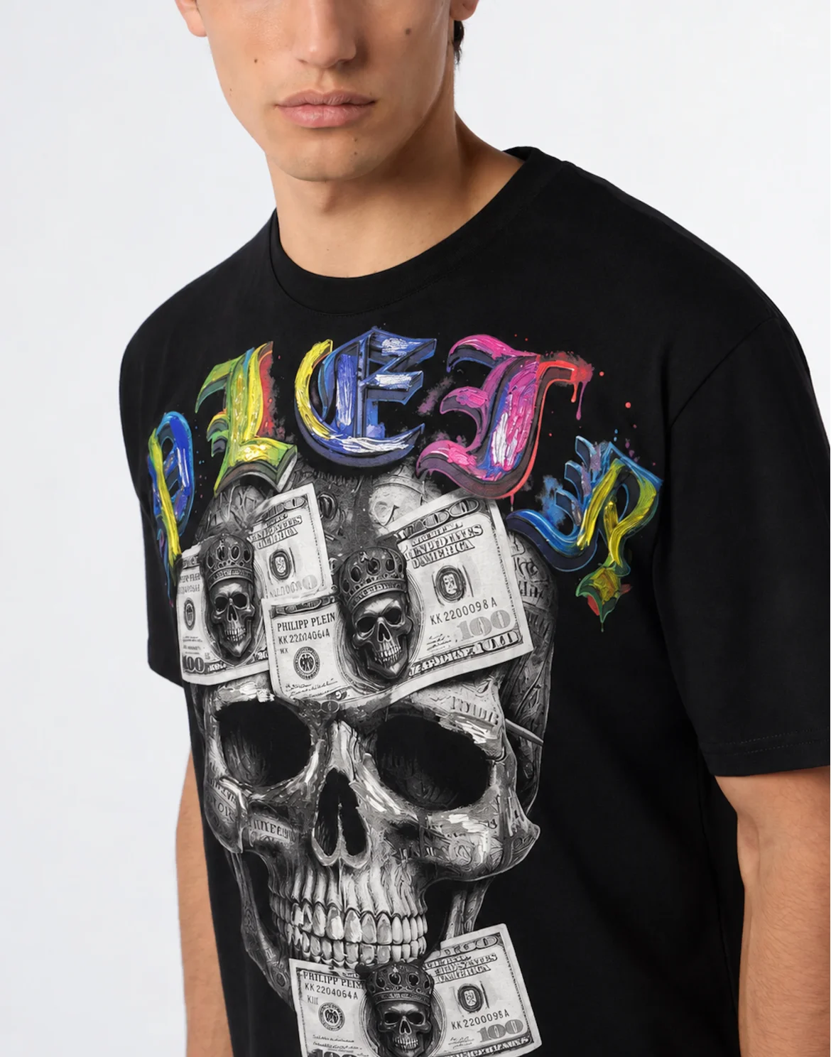 Round Neck T-Shirt Front Skull Dollar, цвет: Черный