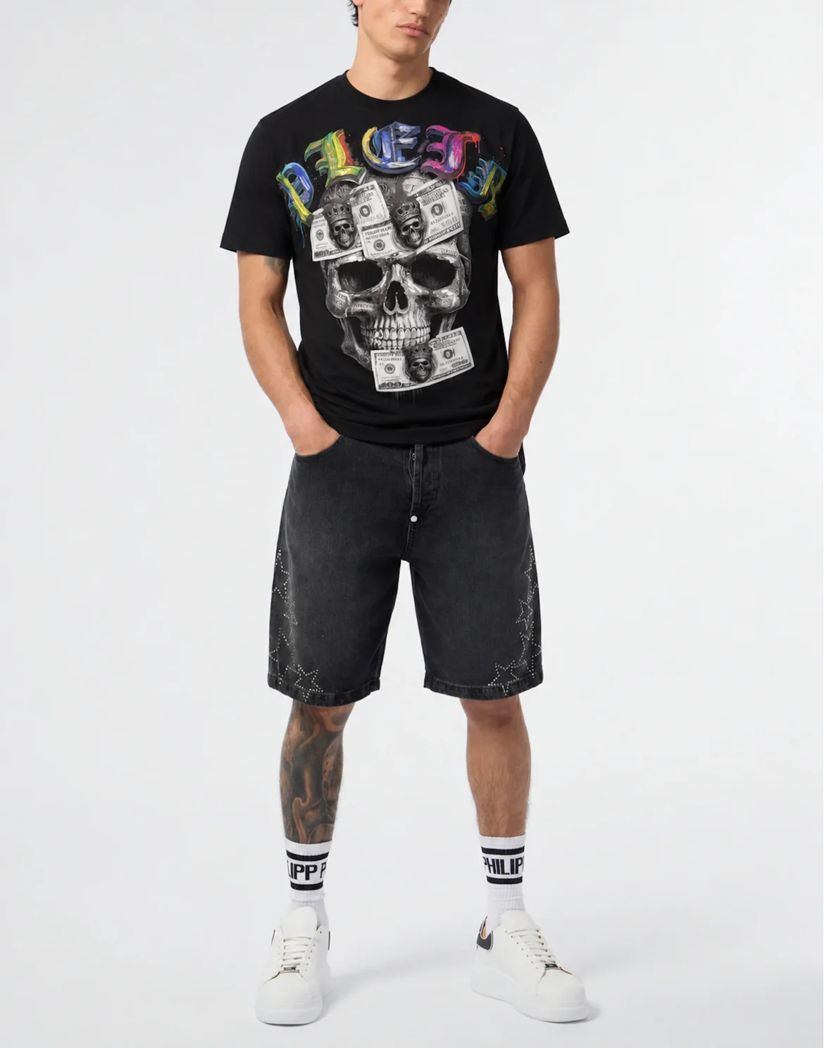 Round Neck T-Shirt Front Skull Dollar, цвет: Черный