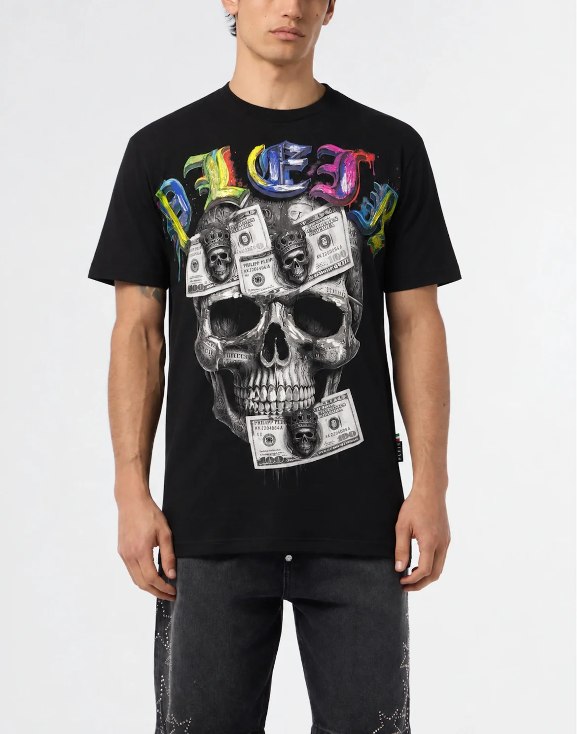 Round Neck T-Shirt Front Skull Dollar, цвет: Черный
