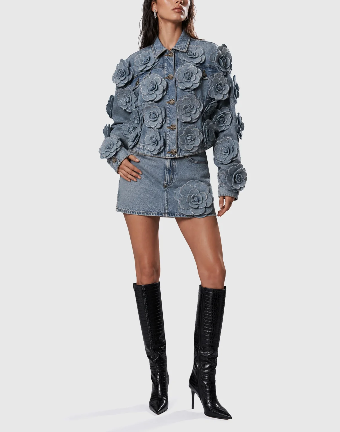Cropped Denim Jacket All-Over Roses, цвет: Голубой