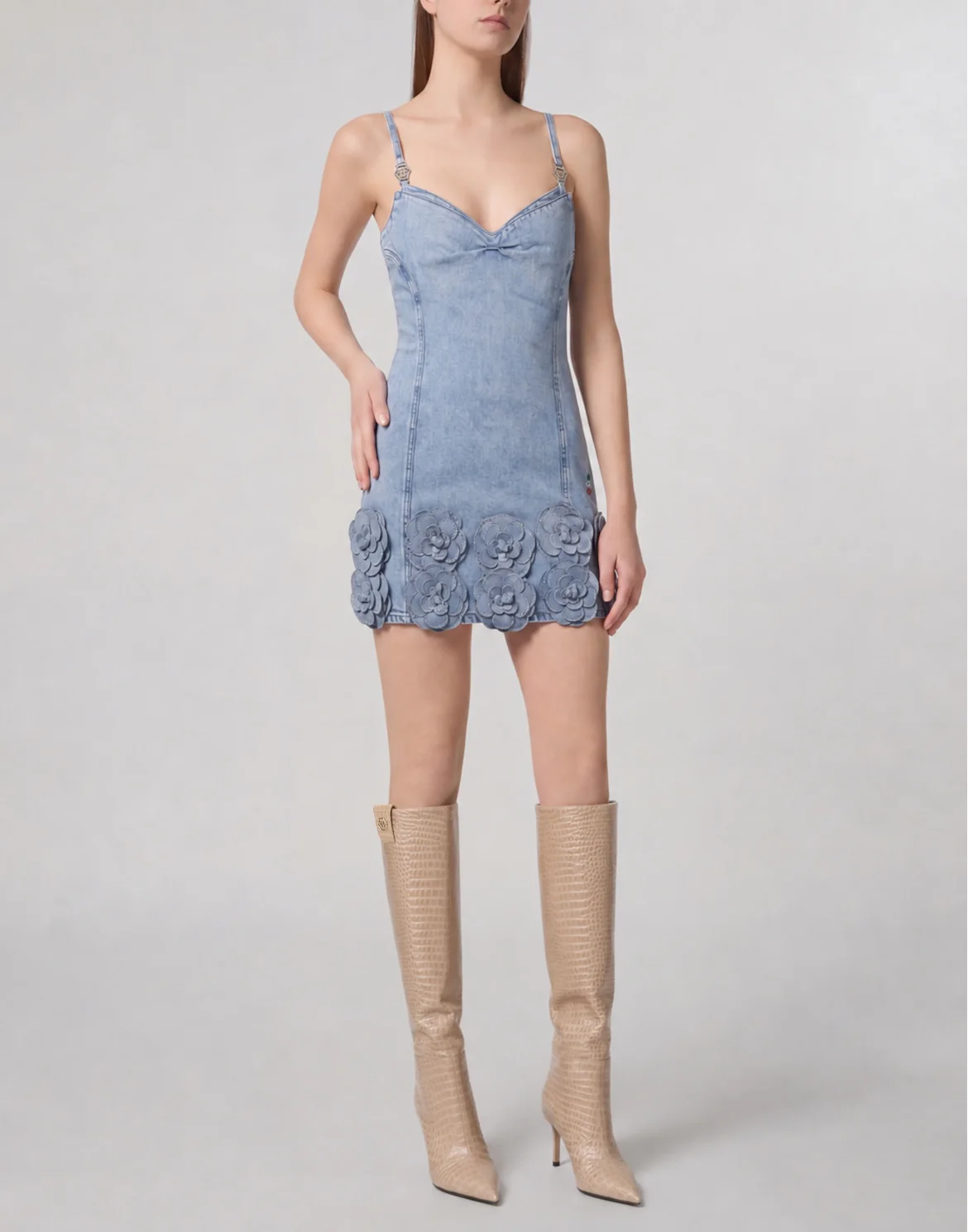 Denim Mini Dress Roses Strass, цвет: Голубой