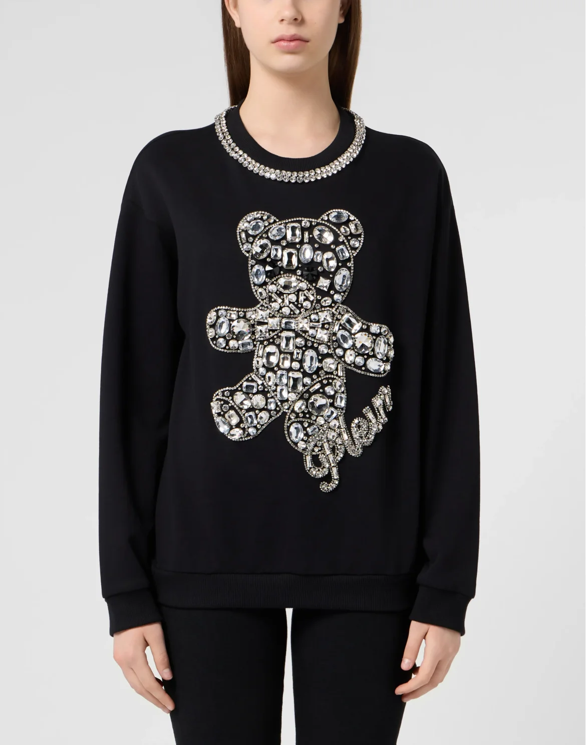 Round Neck Sweatshirt Crystal Teddy, цвет: Черный