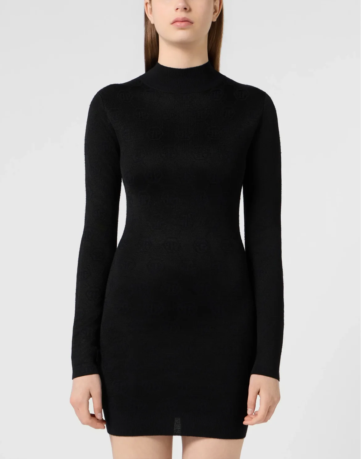 Merino Wool Turtle Neck Mini Dress Jacquard Monogram, цвет: Черный