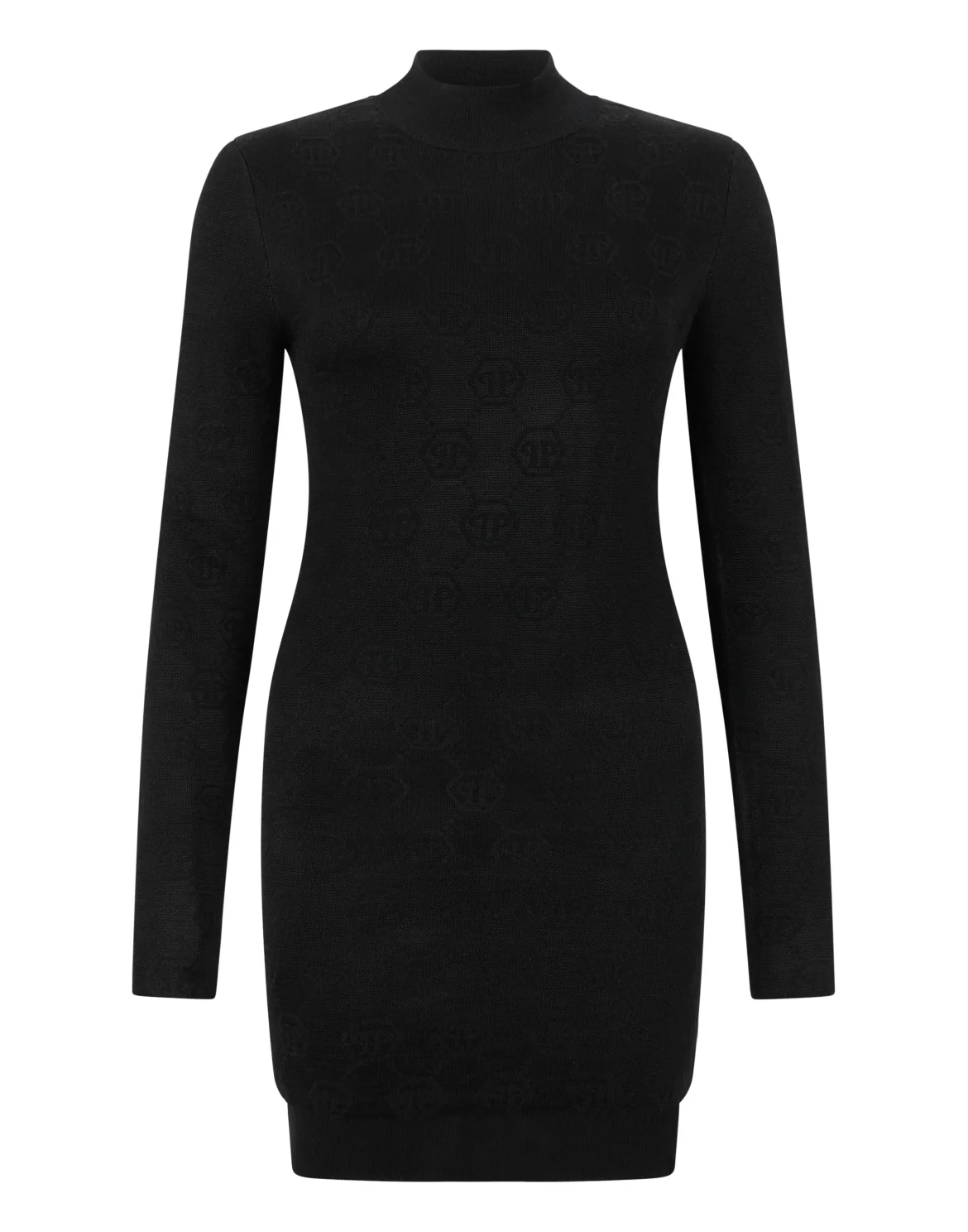 Merino Wool Turtle Neck Mini Dress Jacquard Monogram, цвет: Черный