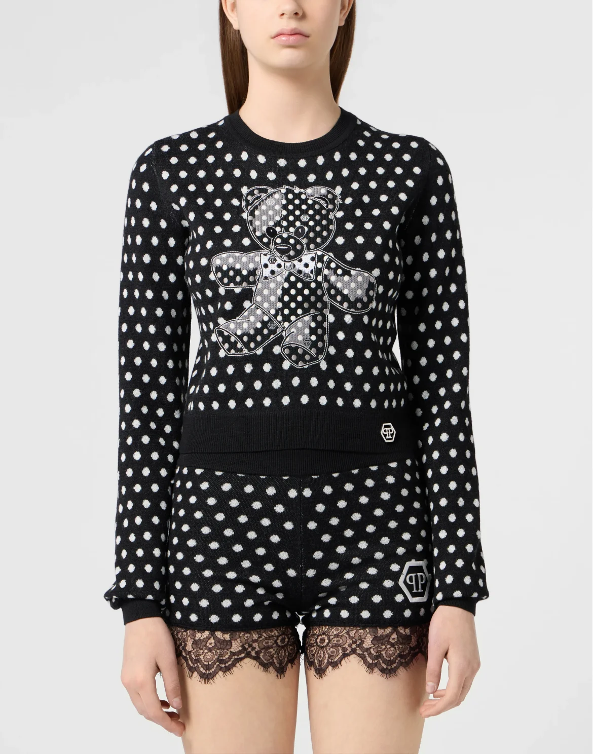 Round Neck Pullover Teddy Polka Dot, цвет: Черный