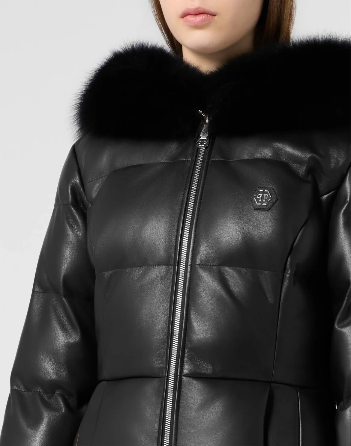 Long Leather Down Jacket With Fur Collar, цвет: Черный