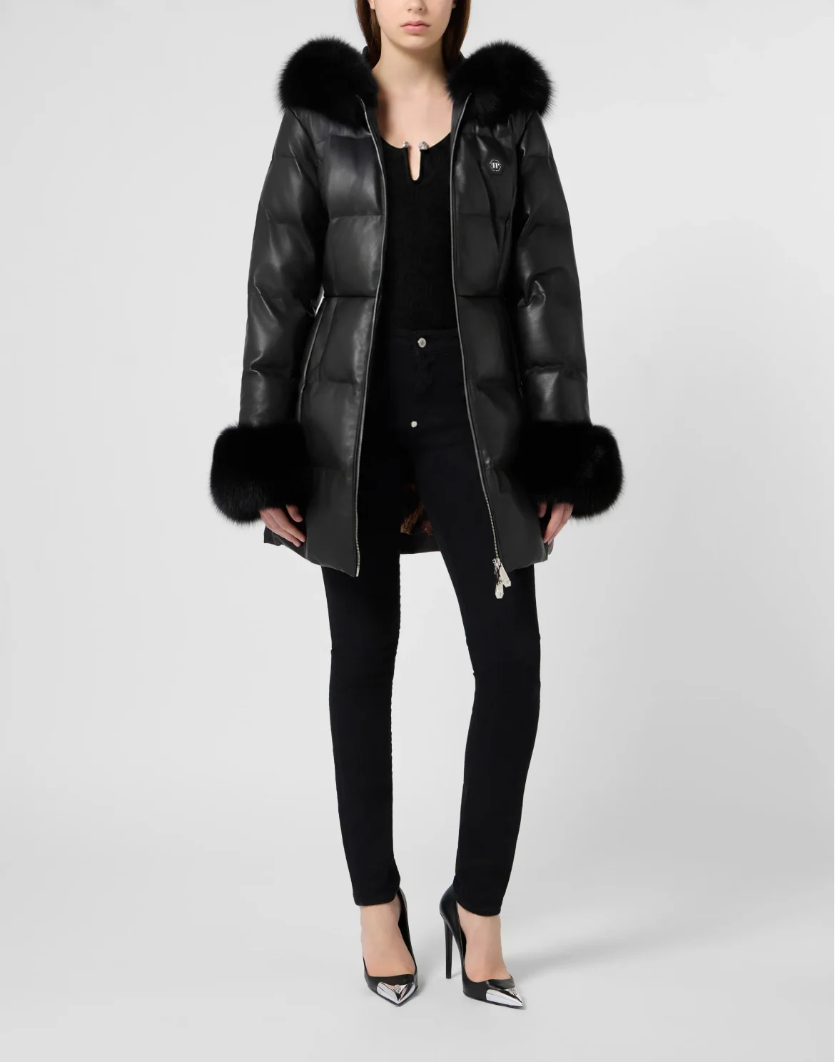 Long Leather Down Jacket With Fur Collar, цвет: Черный
