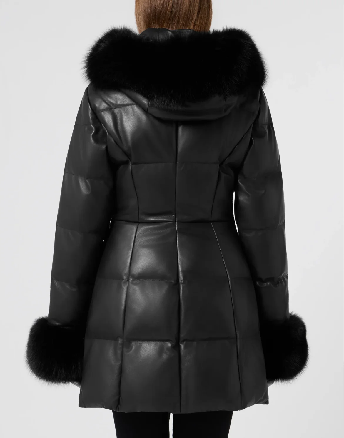 Long Leather Down Jacket With Fur Collar, цвет: Черный