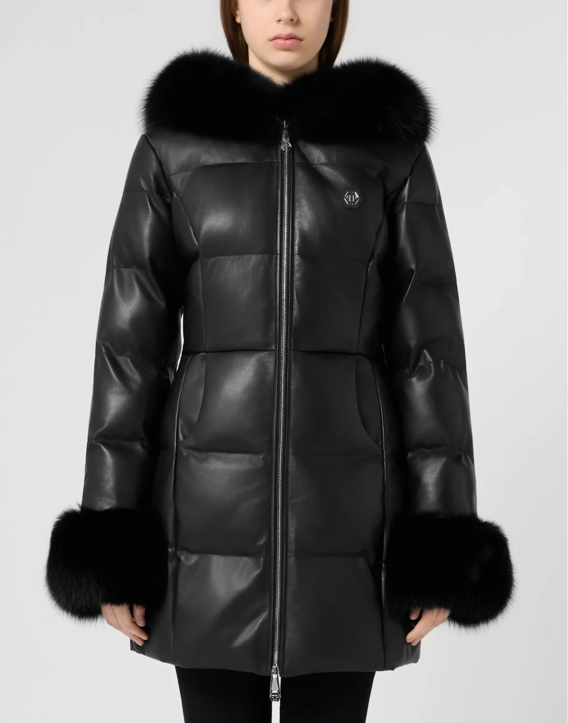 Long Leather Down Jacket With Fur Collar, цвет: Черный