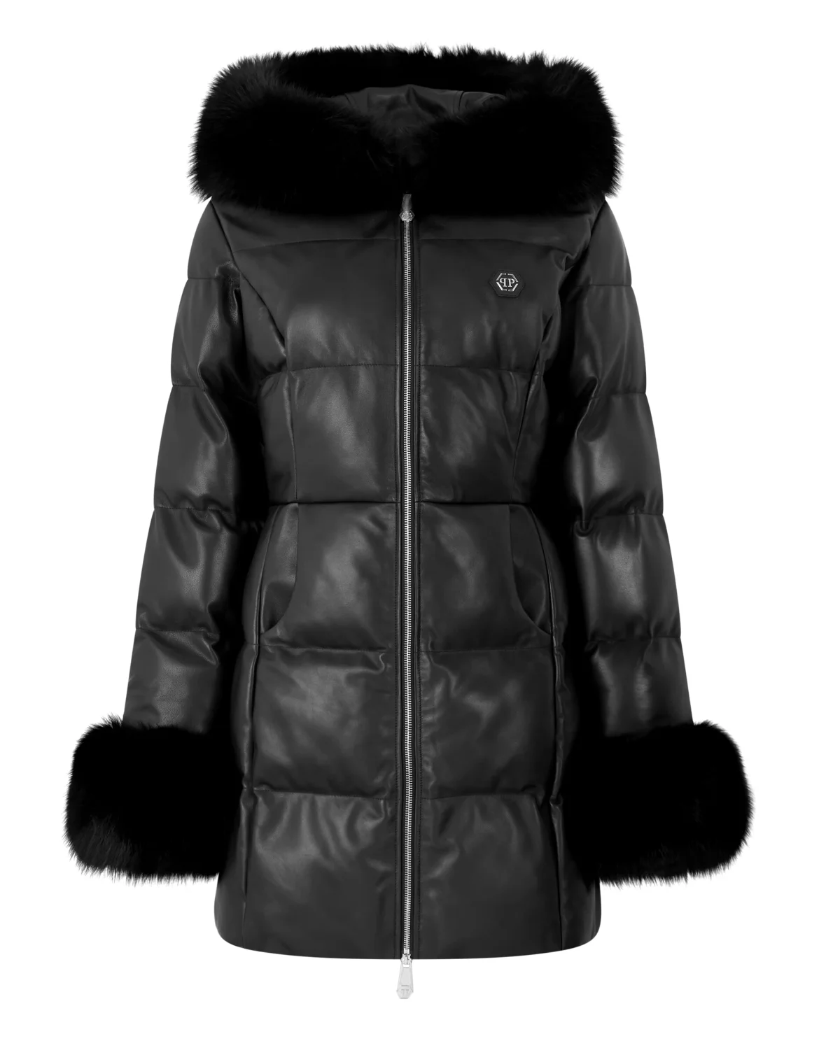 Long Leather Down Jacket With Fur Collar, цвет: Черный