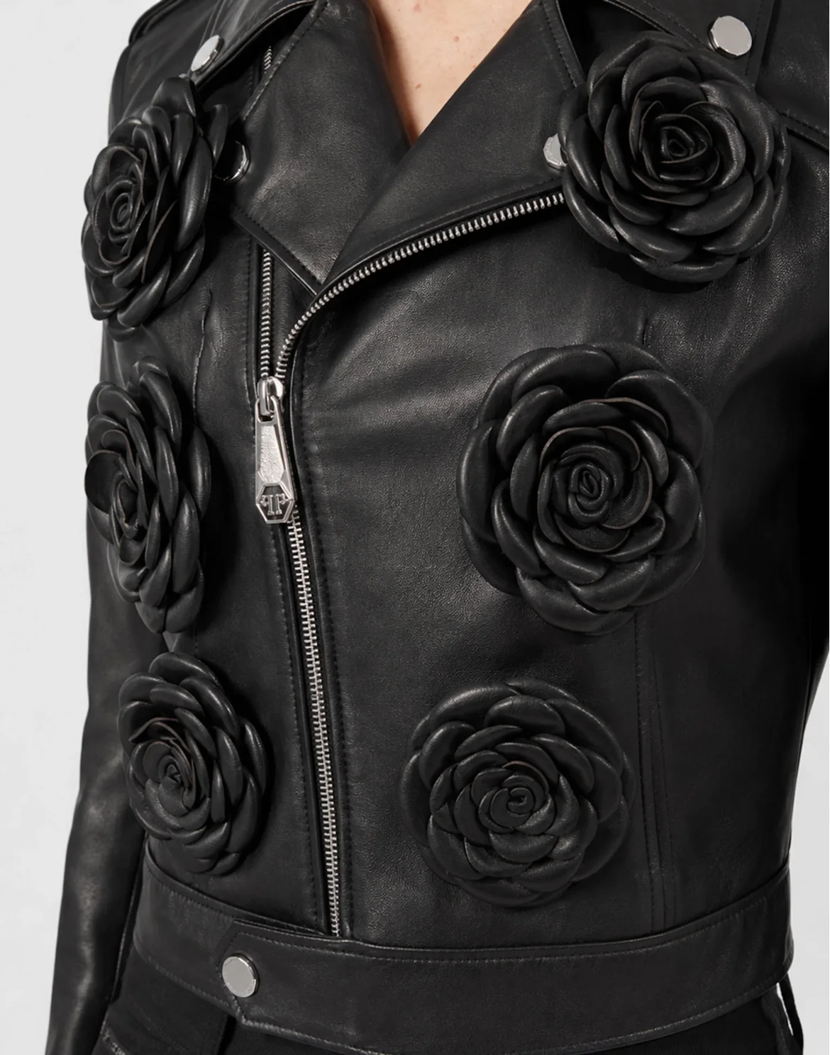 Cropped Biker Jacket Flower, цвет: Черный