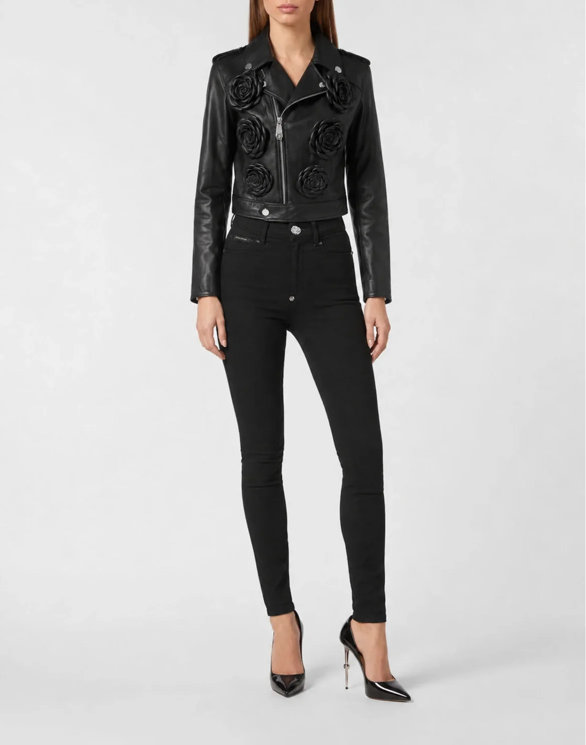 Cropped Biker Jacket Flower, цвет: Черный