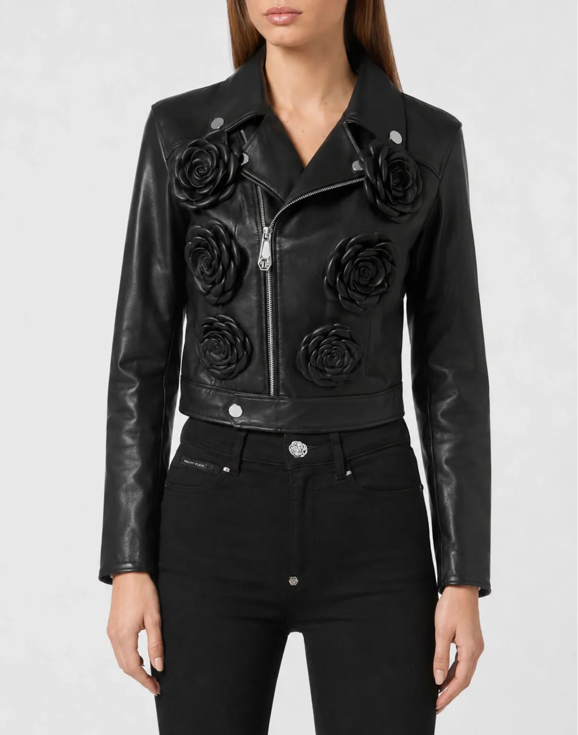 Cropped Biker Jacket Flower, цвет: Черный