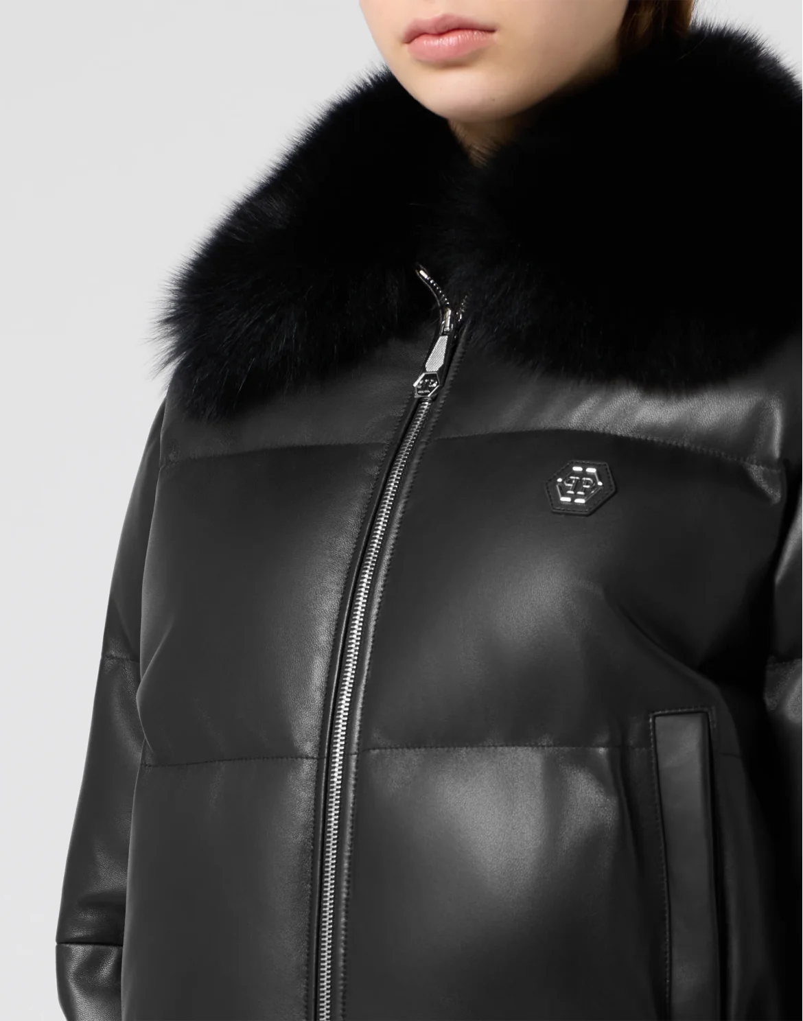 Leather Down Jacket With Fur Collar, цвет: Черный