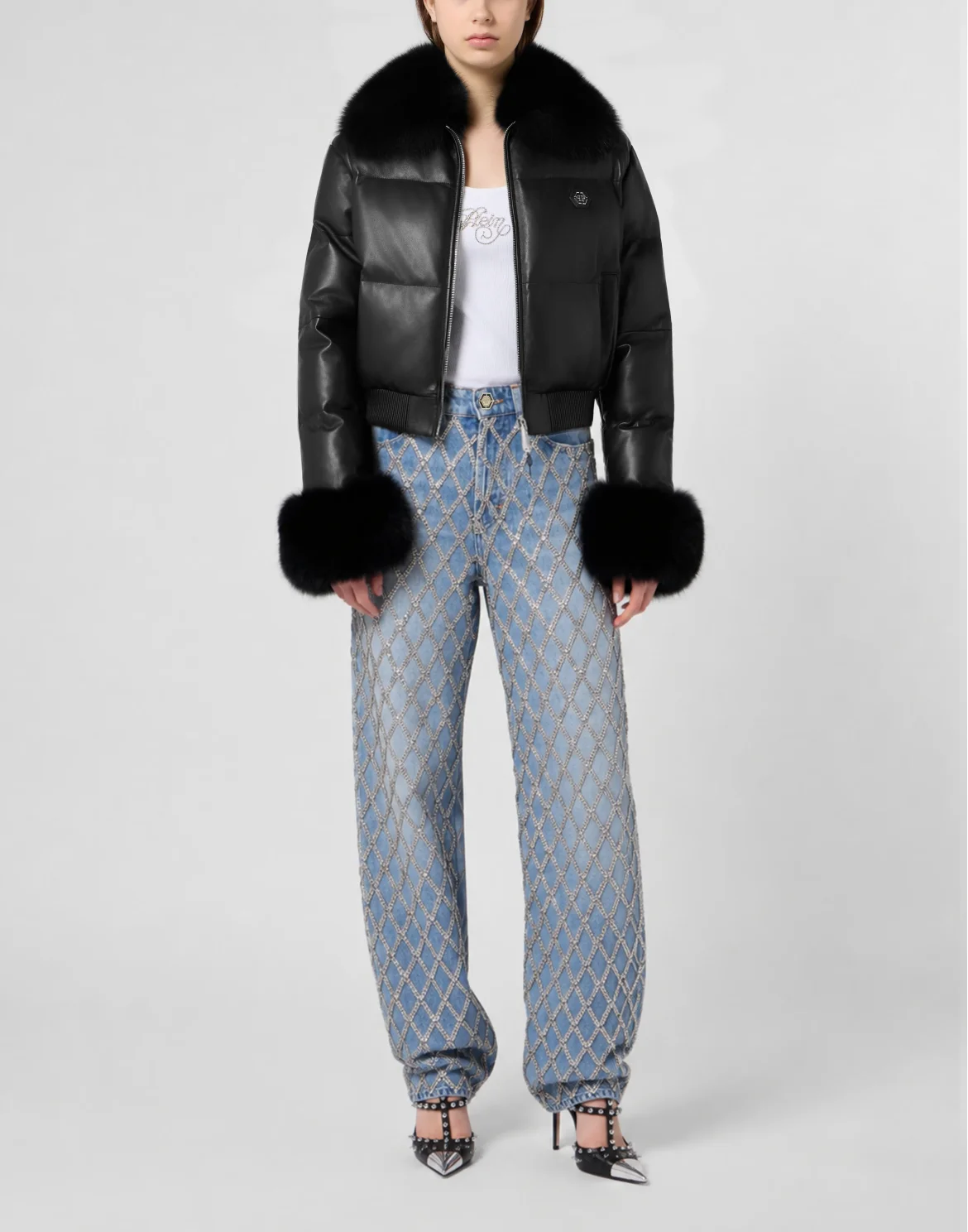 Leather Down Jacket With Fur Collar, цвет: Черный
