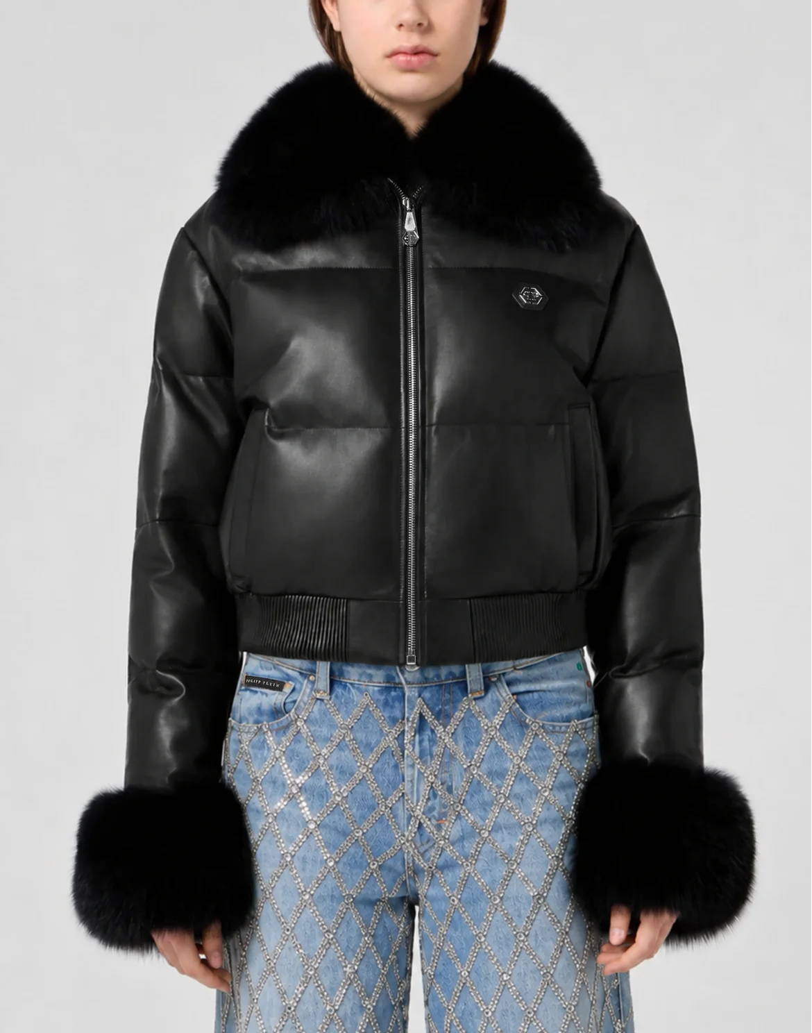 Leather Down Jacket With Fur Collar, цвет: Черный