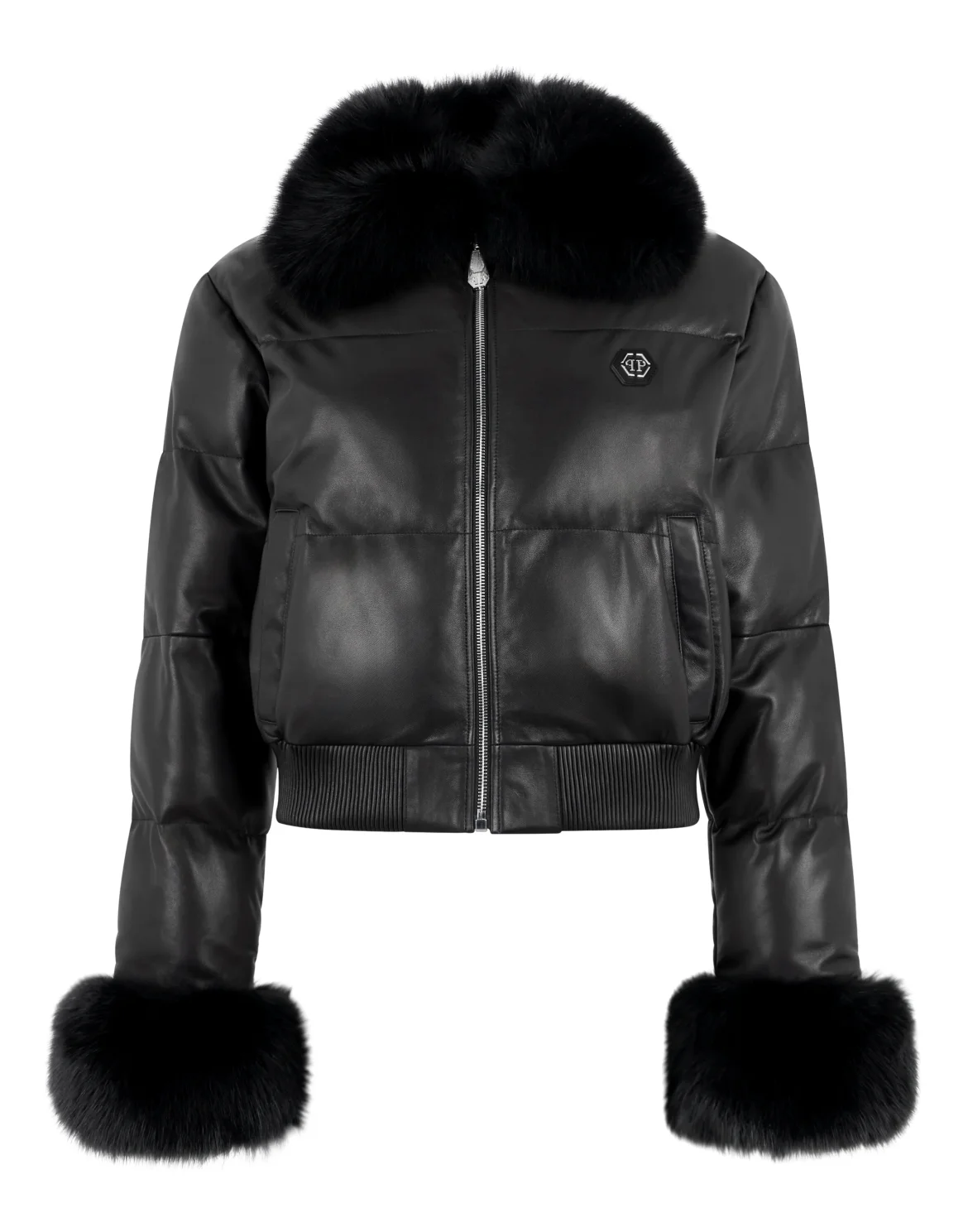 Leather Down Jacket With Fur Collar, цвет: Черный
