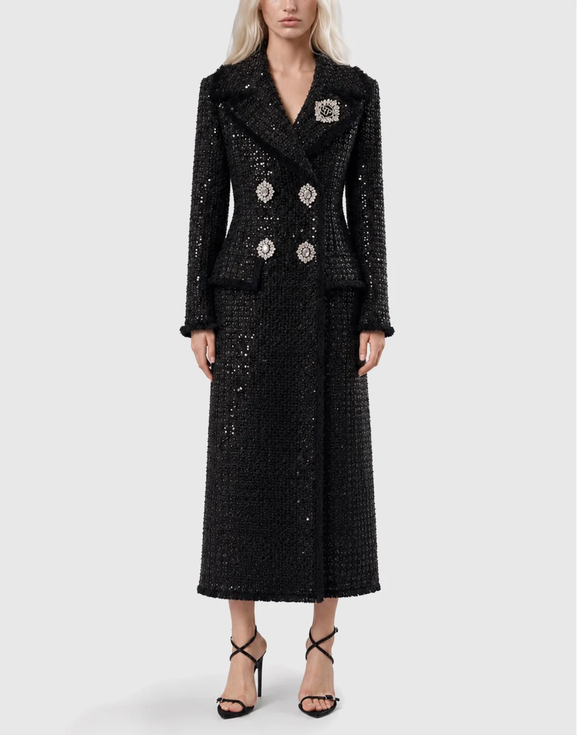 Tweed Long Coat Paillettes, цвет: Черный
