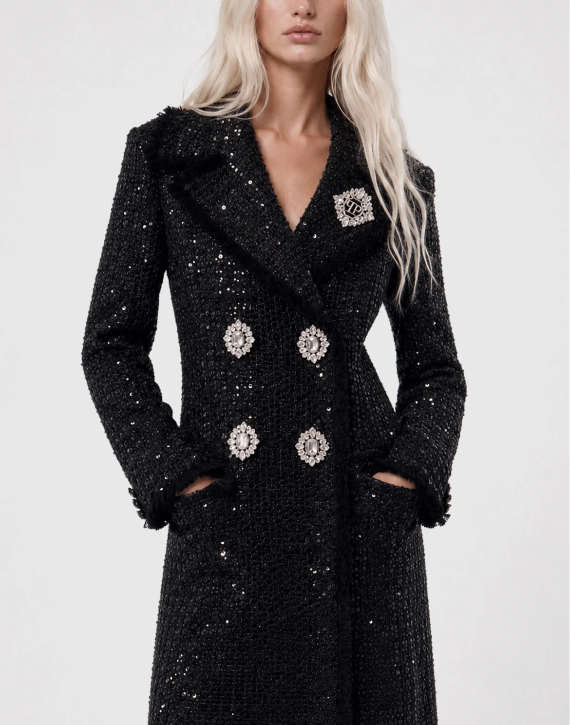 Tweed Long Coat Paillettes, цвет: Черный