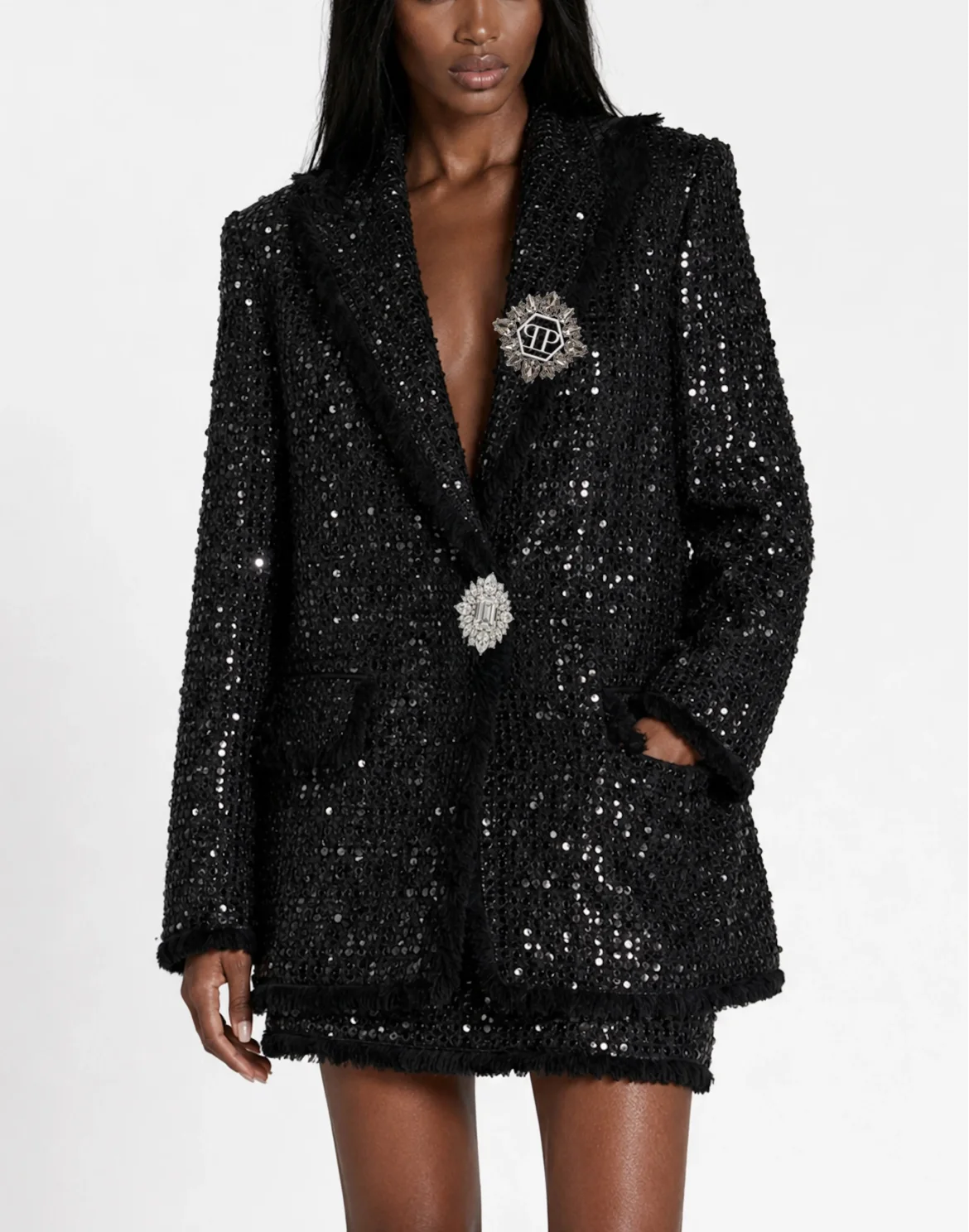 Tweed Boyfriend's Fit Blazer Paillettes, цвет: Черный