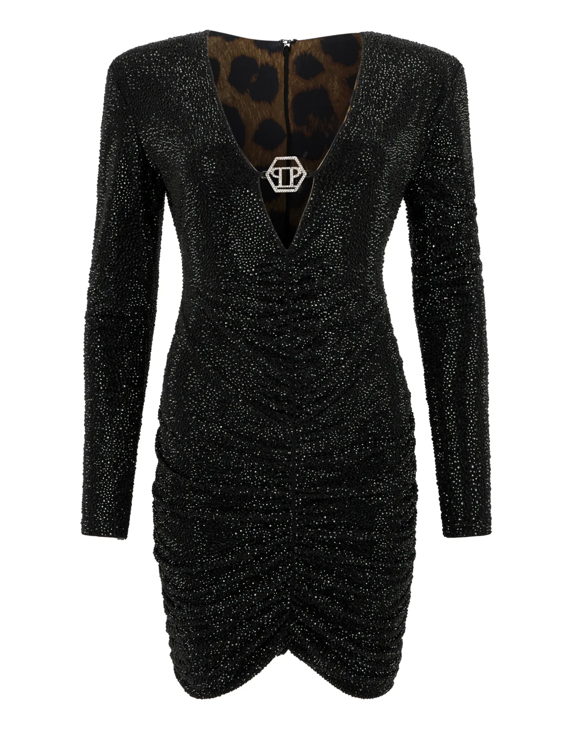 Long Sleeve Mini Dress All-Over Strass, цвет: Черный