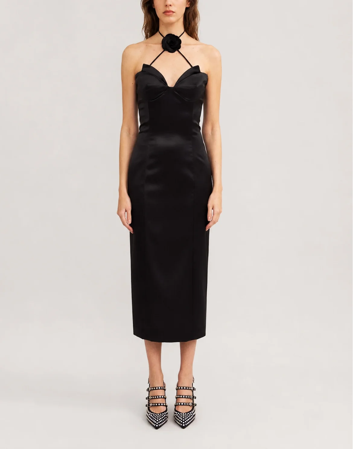 Satin Midi Dress Flower, цвет: Черный
