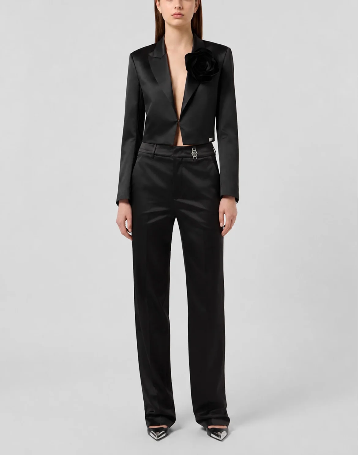 Satin Straight Fit Trousers, цвет: Черный