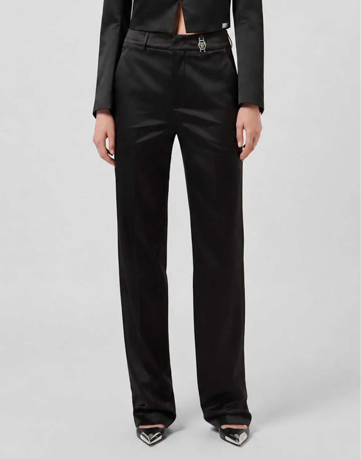Satin Straight Fit Trousers, цвет: Черный