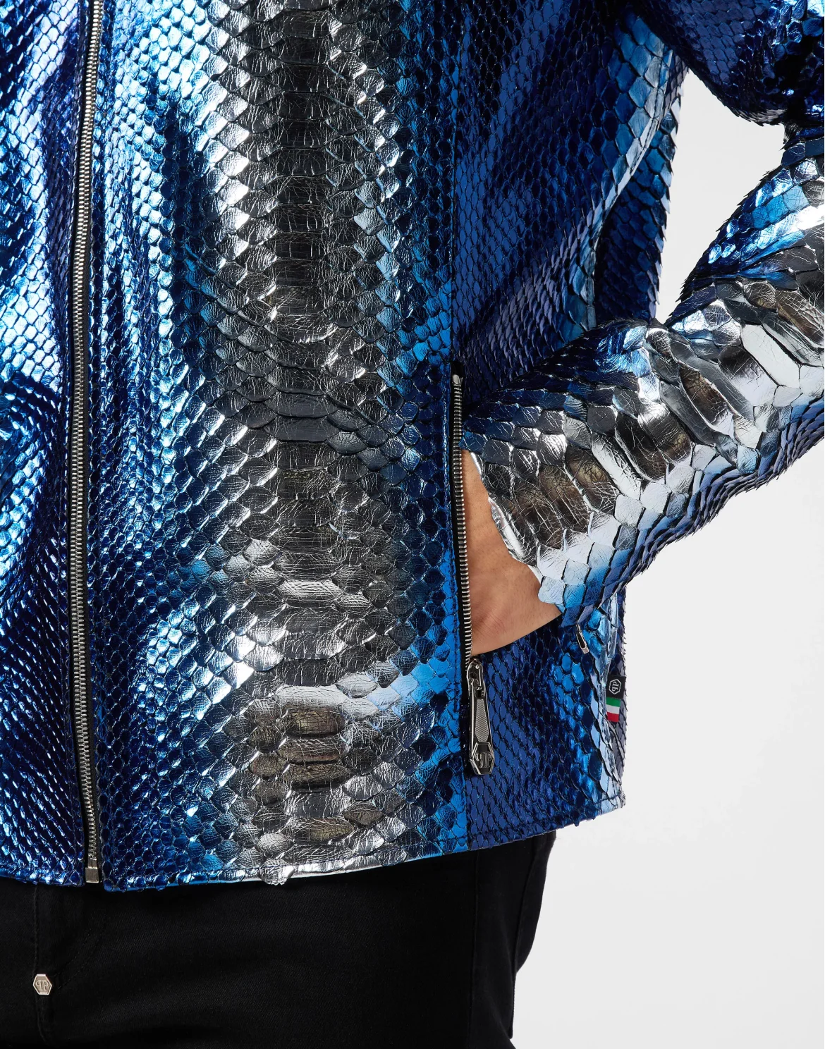 Python Leather Moto Jacket, цвет: Голубой