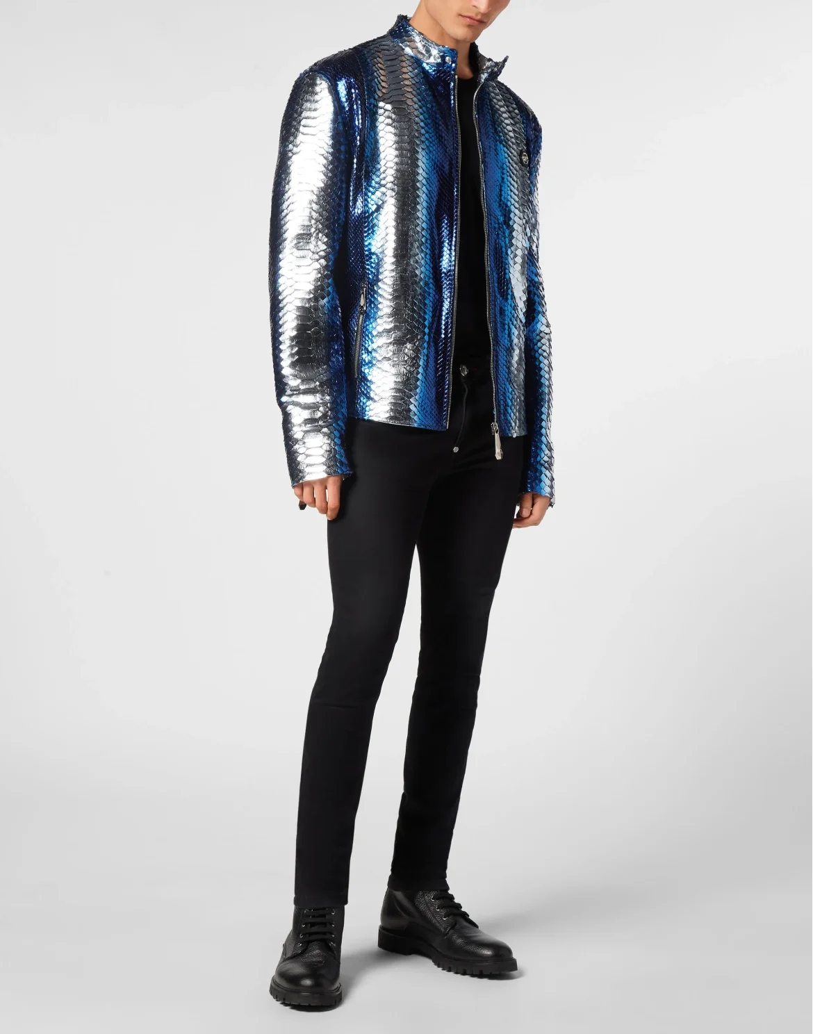 Python Leather Moto Jacket, цвет: Голубой