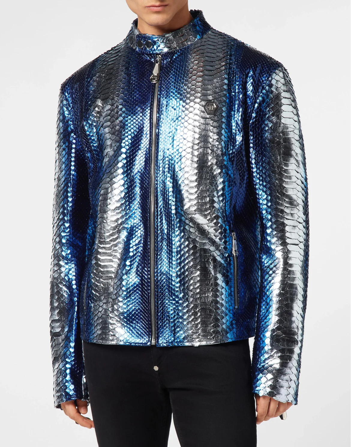 Python Leather Moto Jacket, цвет: Голубой
