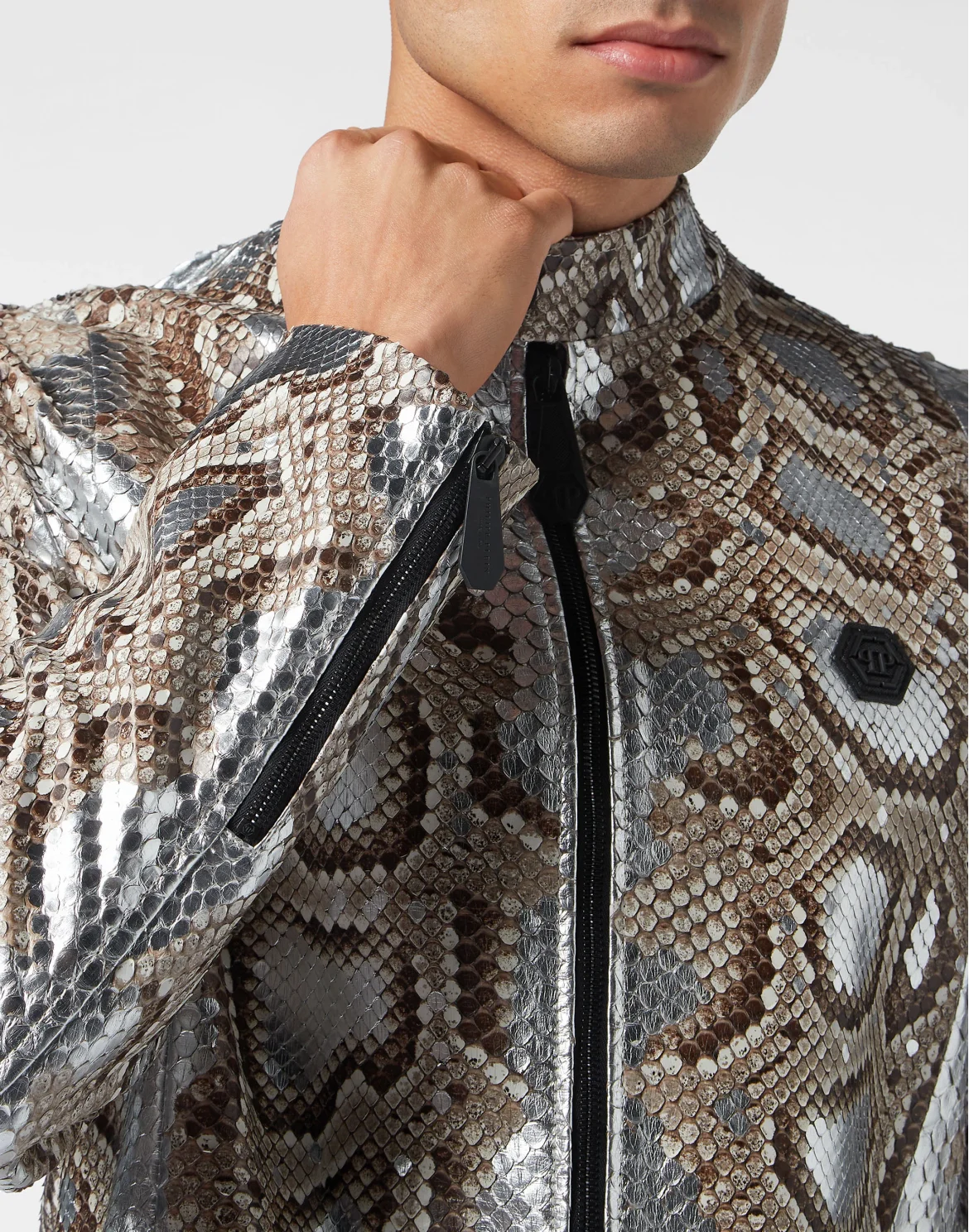 Python Leather Moto Jacket, цвет: Серый