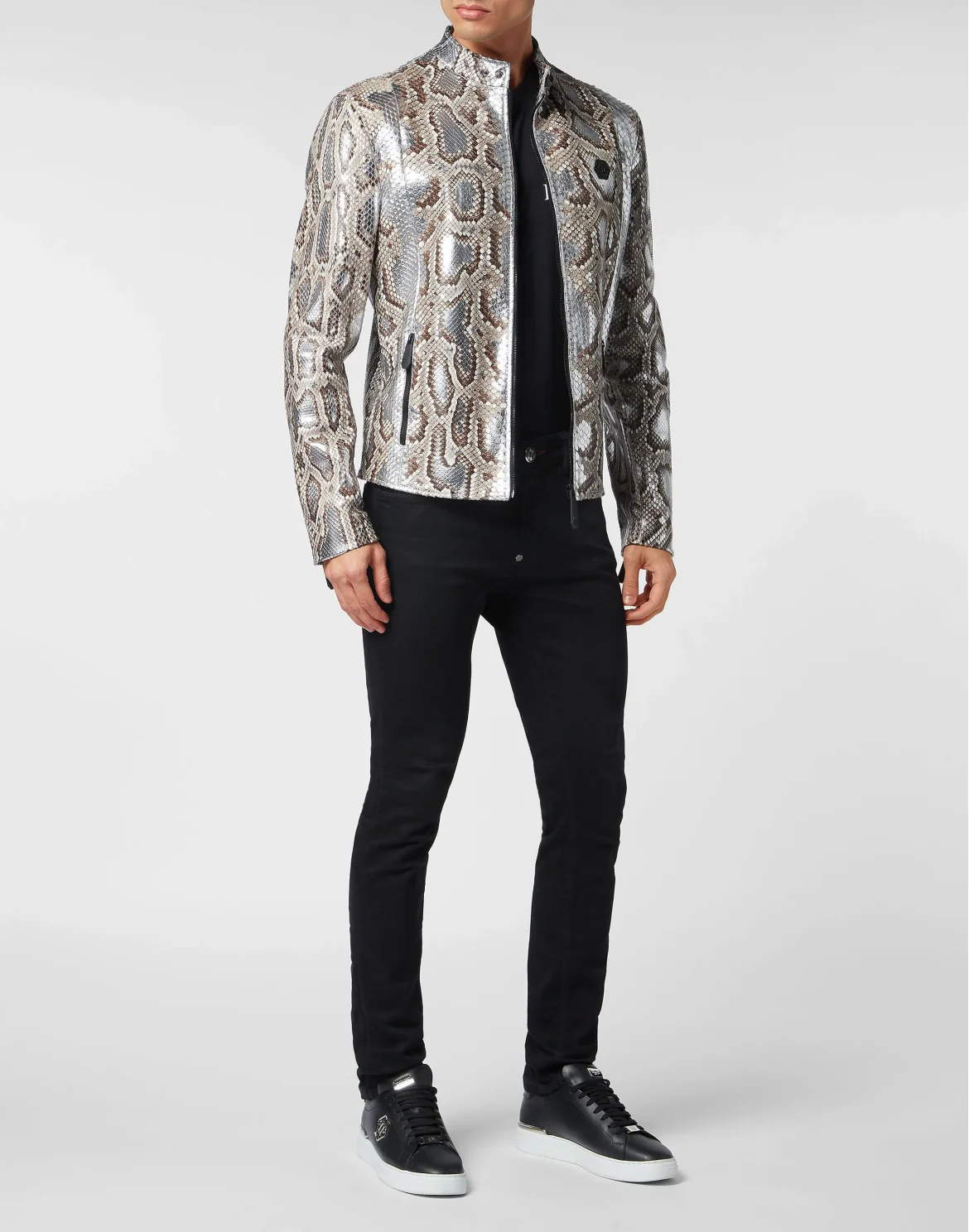 Python Leather Moto Jacket, цвет: Серый