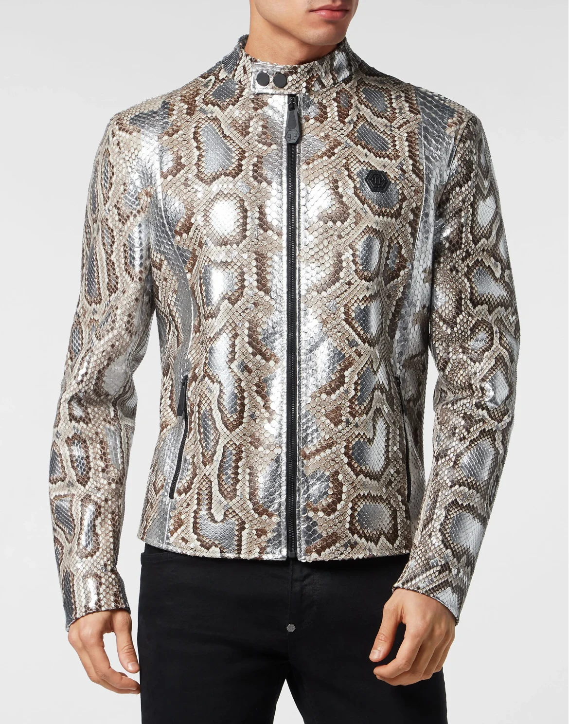 Python Leather Moto Jacket, цвет: Серый