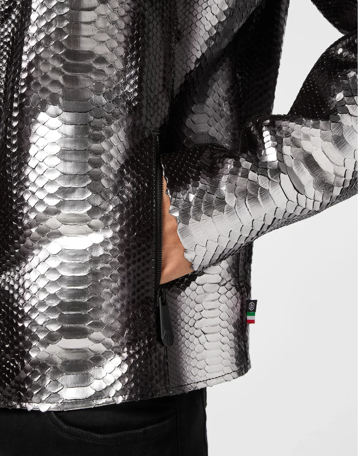 Python Leather Moto Jacket, цвет: Серебристый