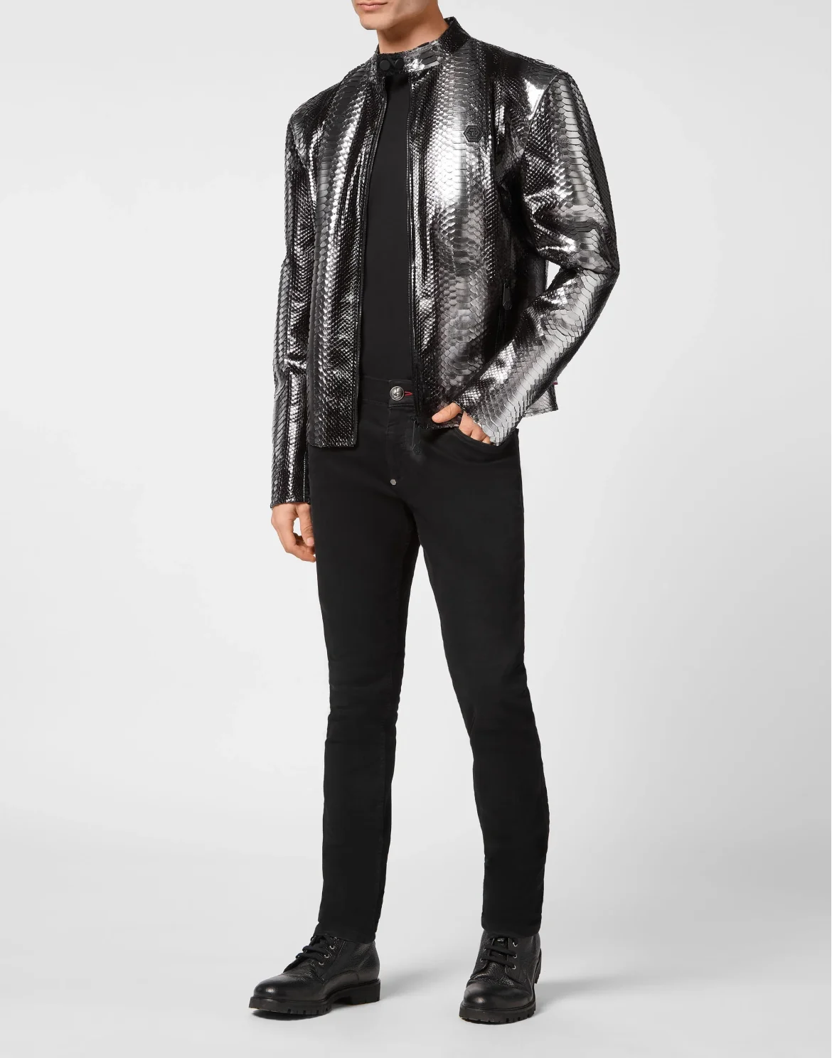 Python Leather Moto Jacket, цвет: Серебристый
