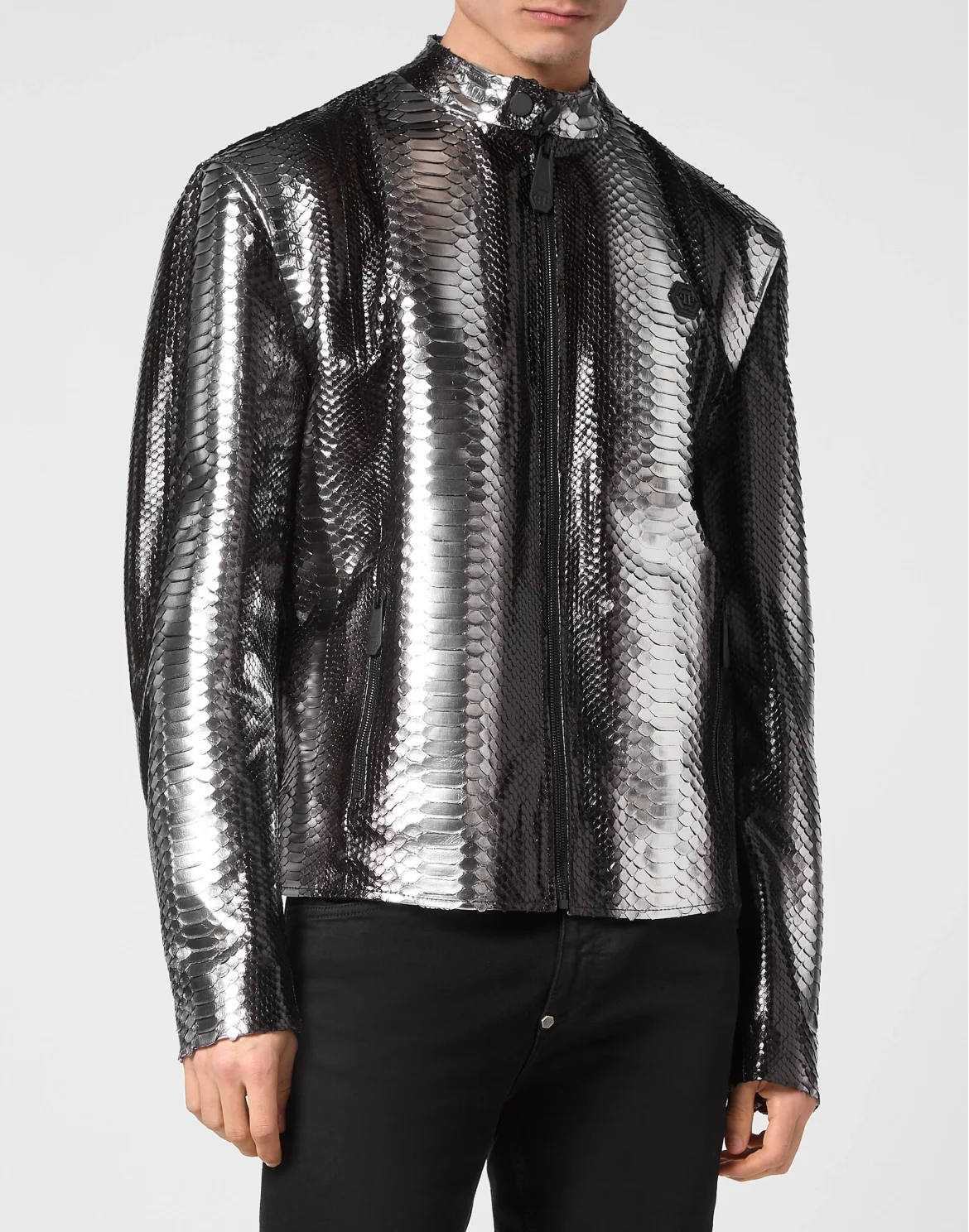 Python Leather Moto Jacket, цвет: Серебристый