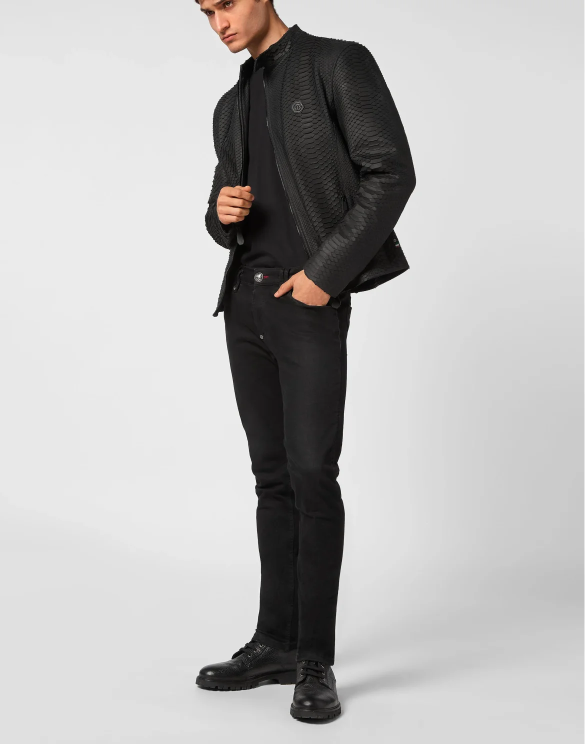 Python Leather Moto Jacket, цвет: Черный