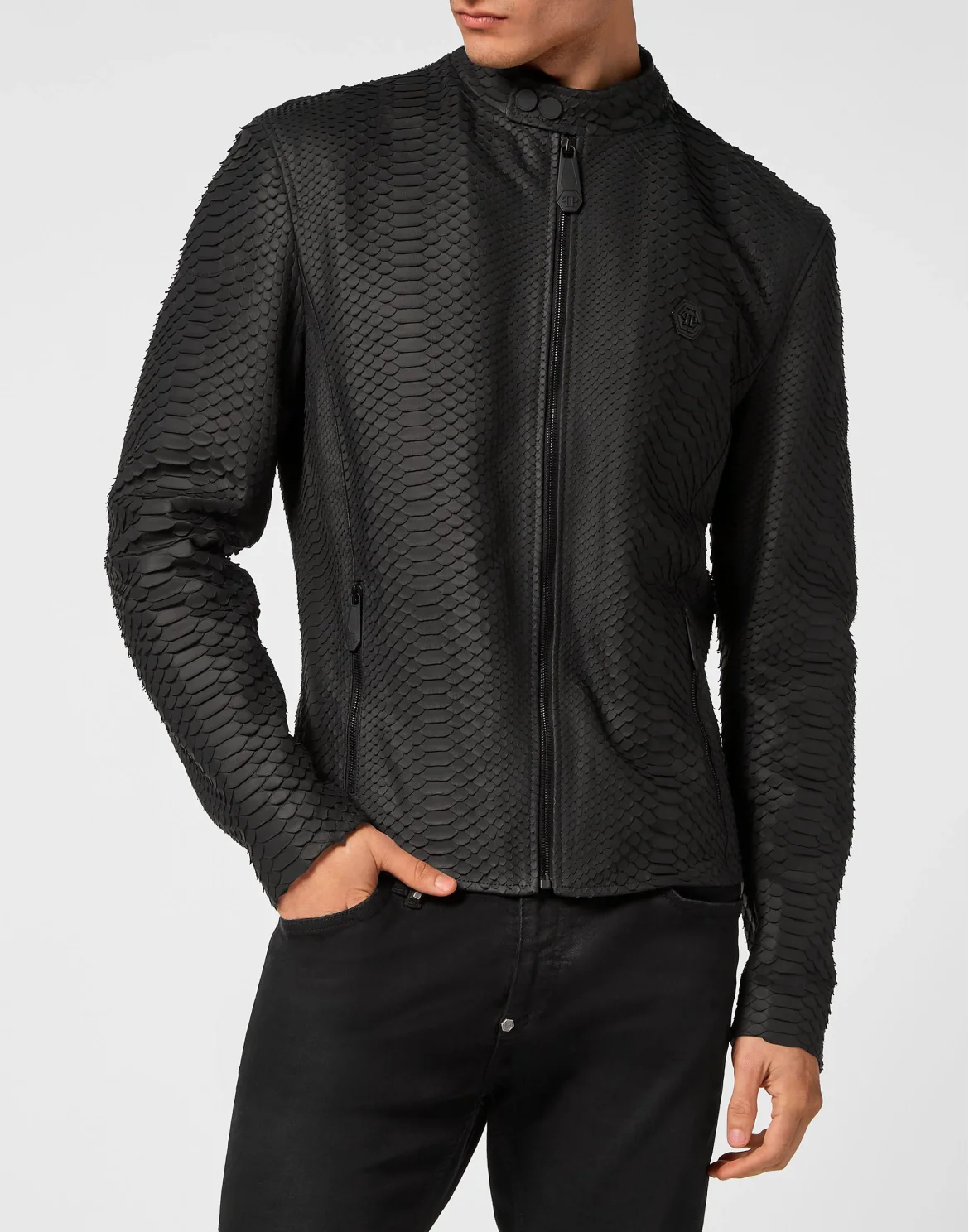 Python Leather Moto Jacket, цвет: Черный